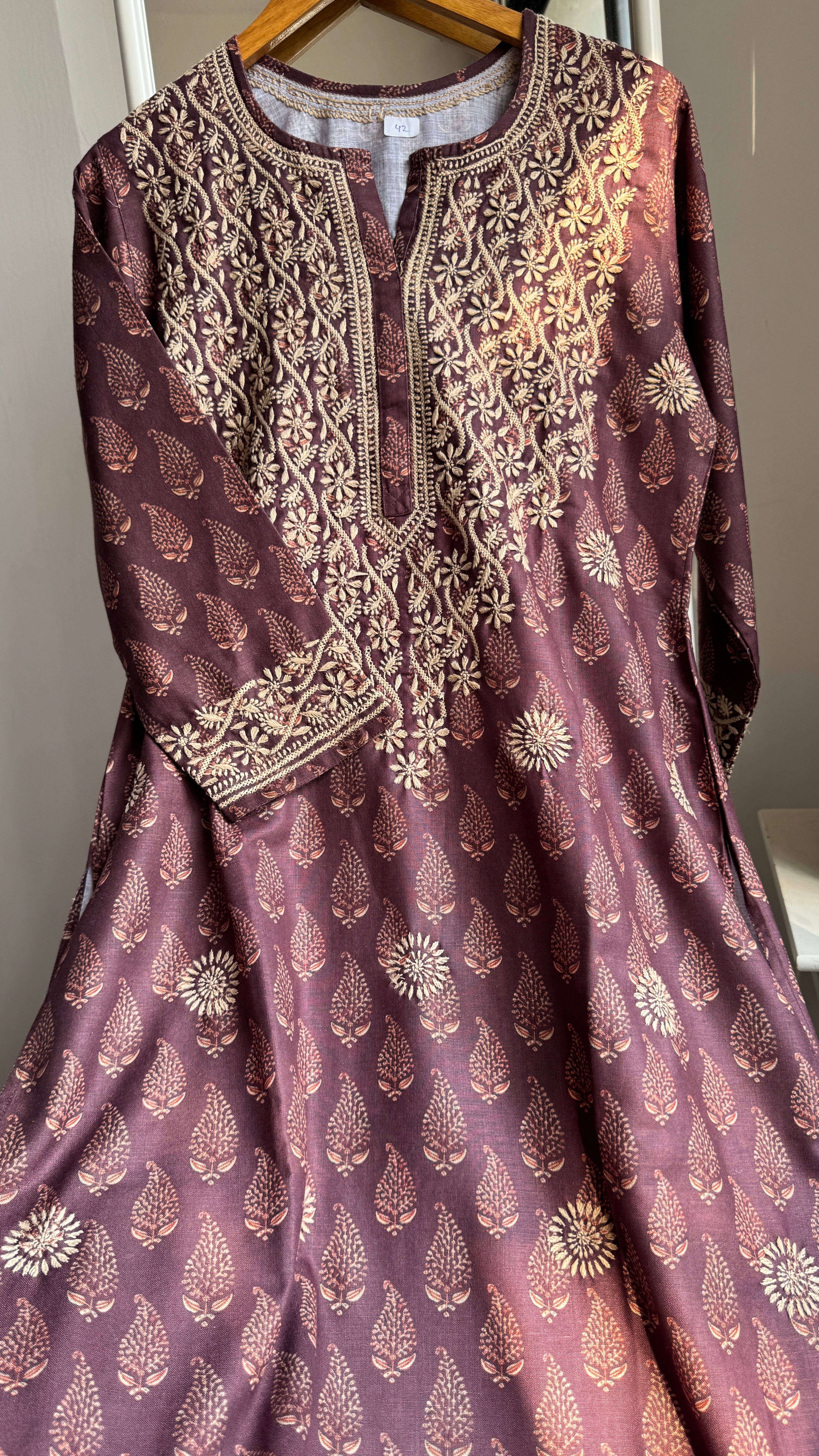Thick Cotton Printed Chikankari Kurti - Mauve