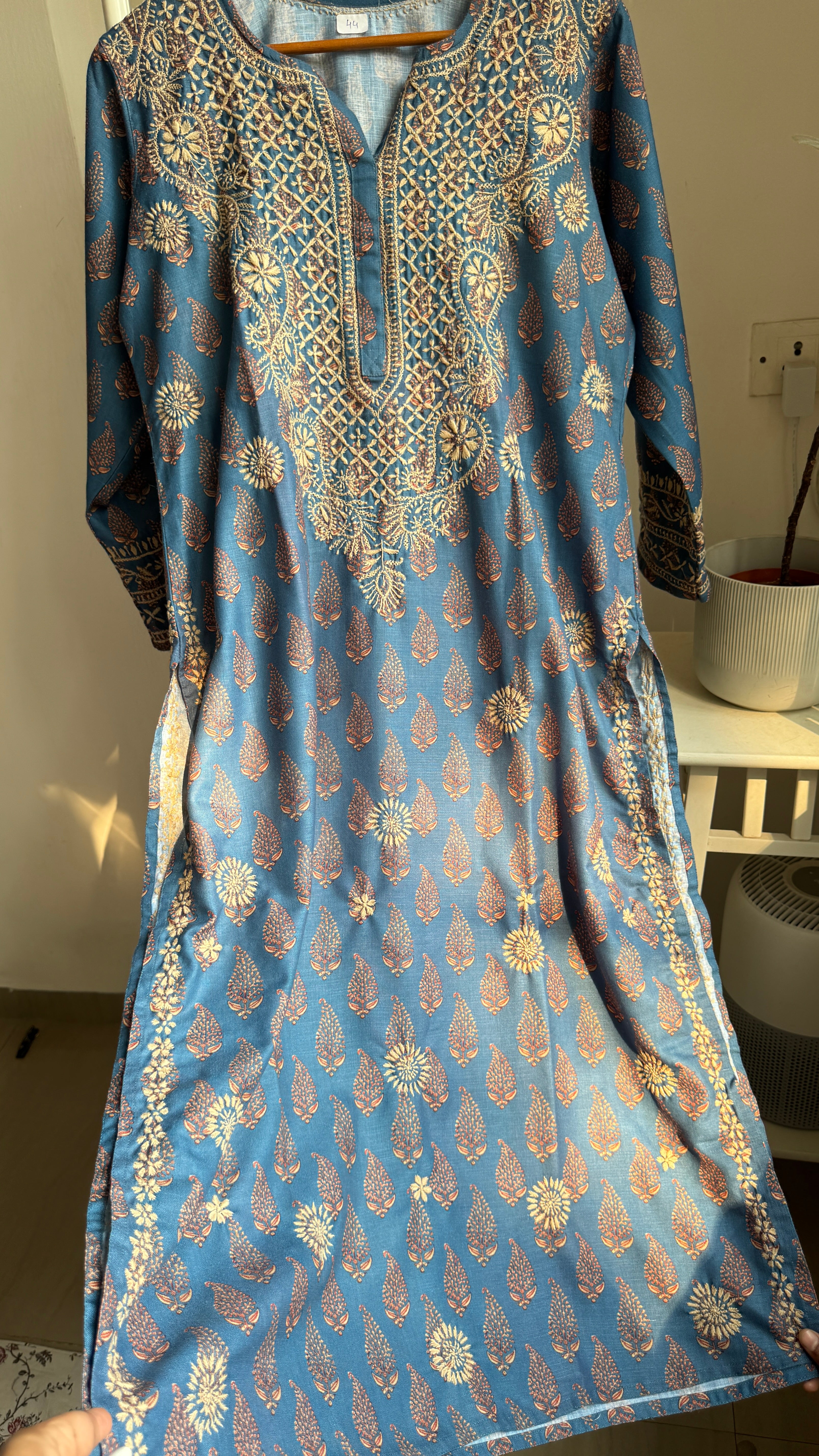 Thick Cotton Printed Chikankari Kurti - Blue