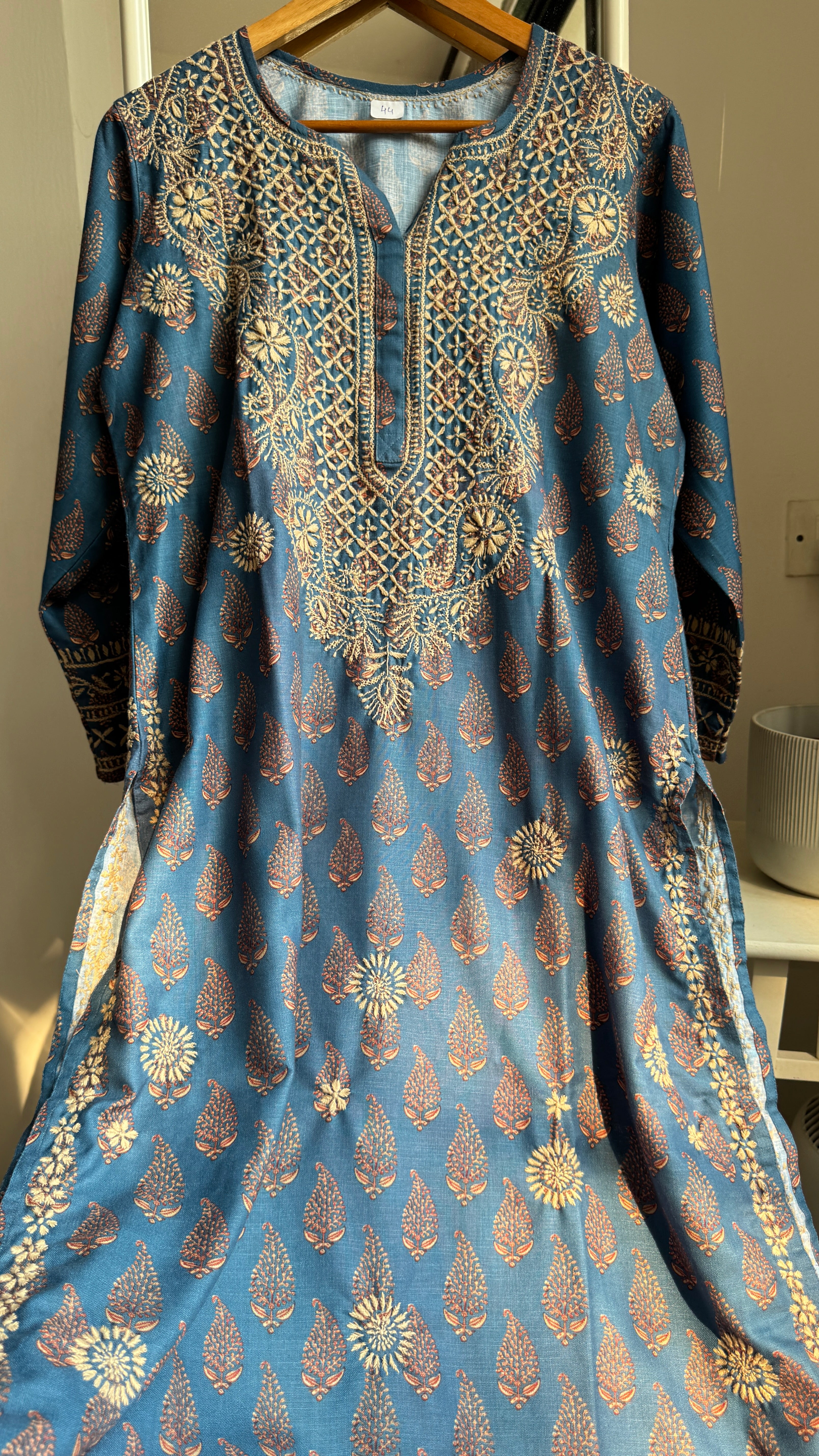 Thick Cotton Printed Chikankari Kurti - Blue