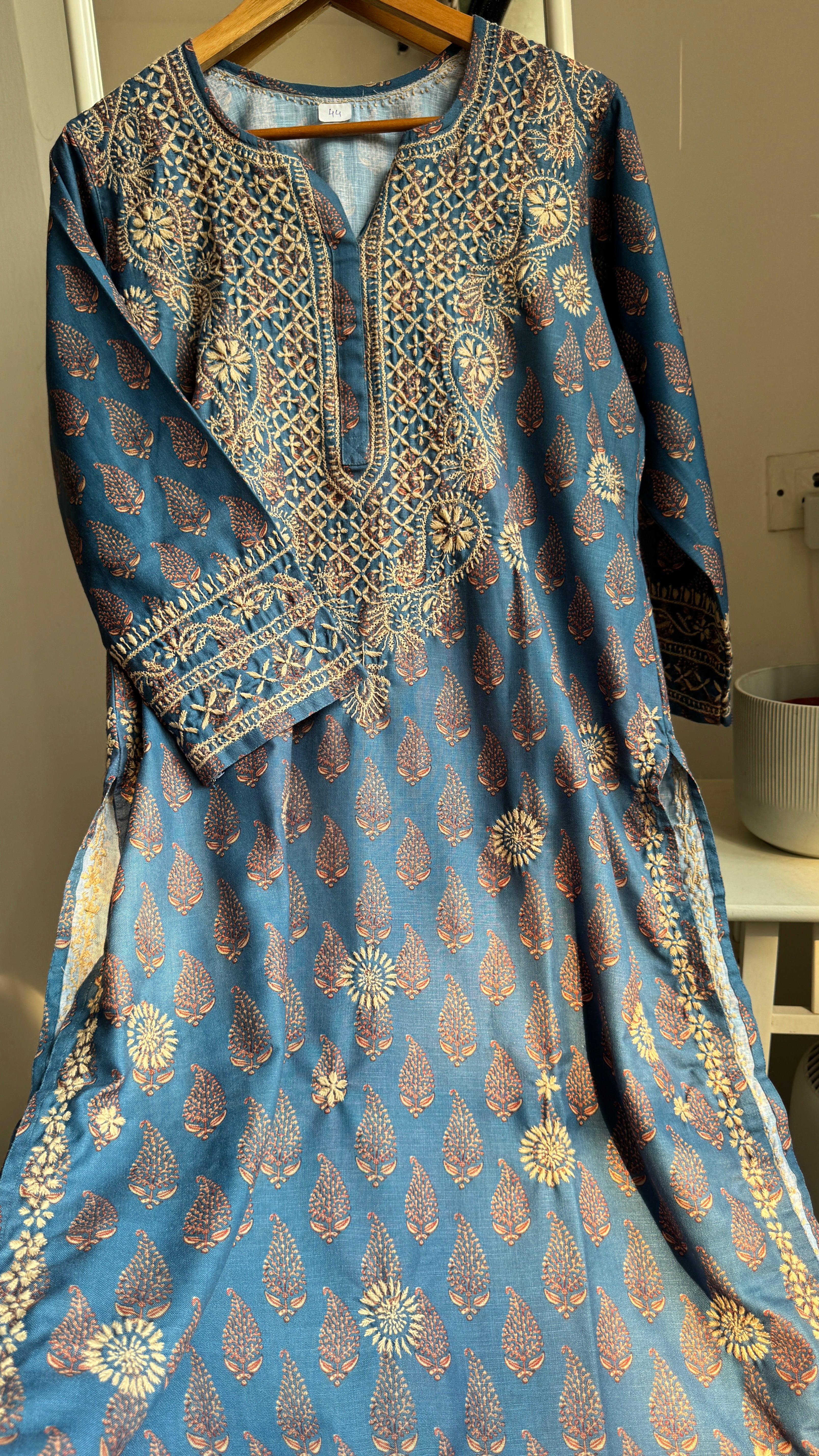 Thick Cotton Printed Chikankari Kurti - Blue
