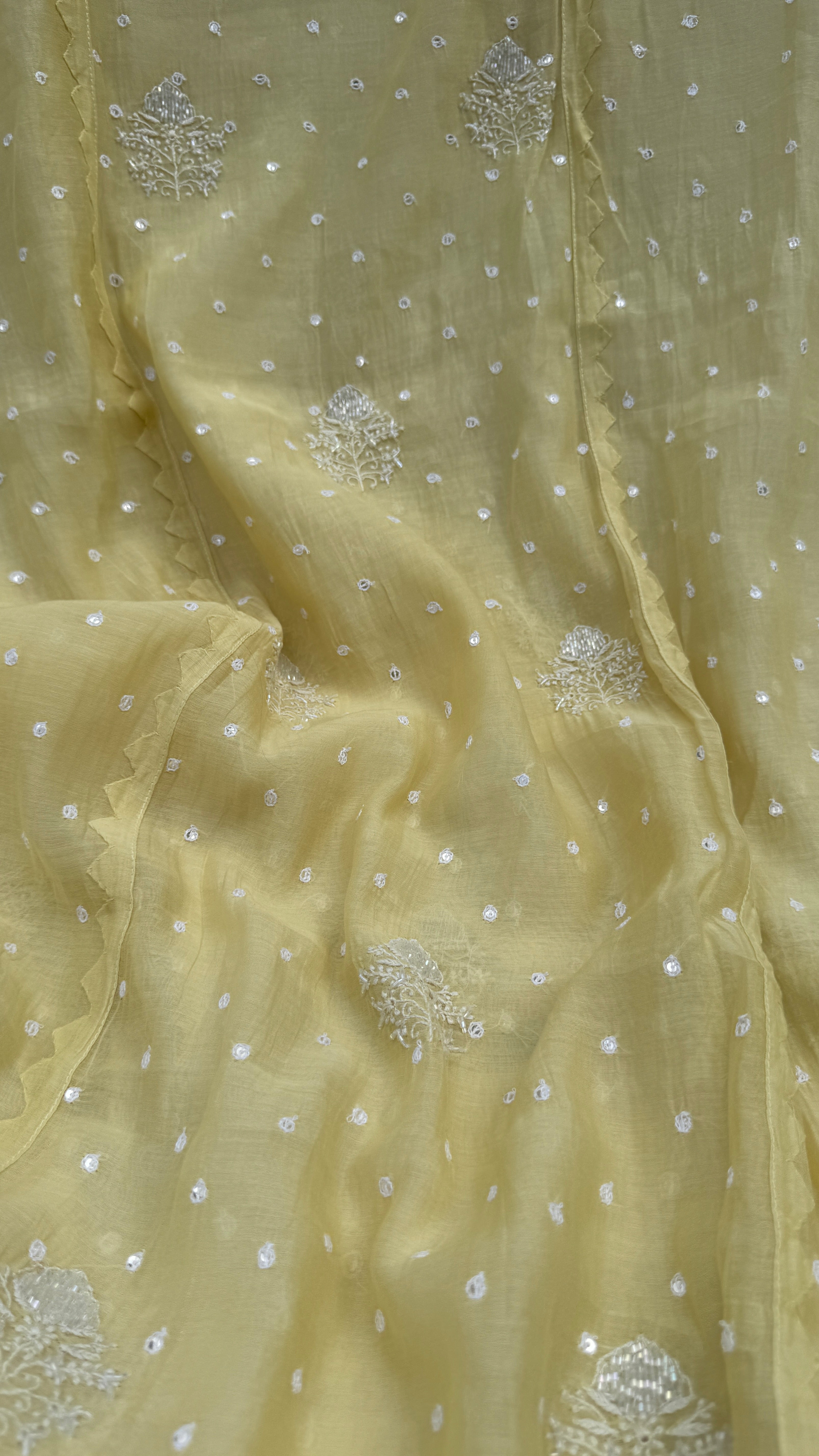 Mul Chanderi Chikankari - Unstitched Set - Butter Yellow