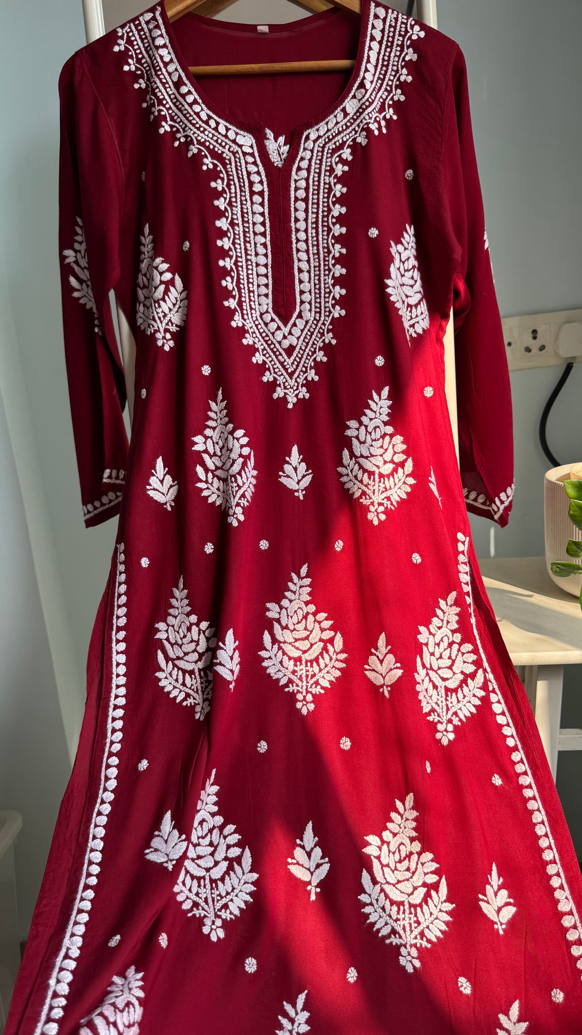 Modal Cotton Chikankari Pant Set - Red