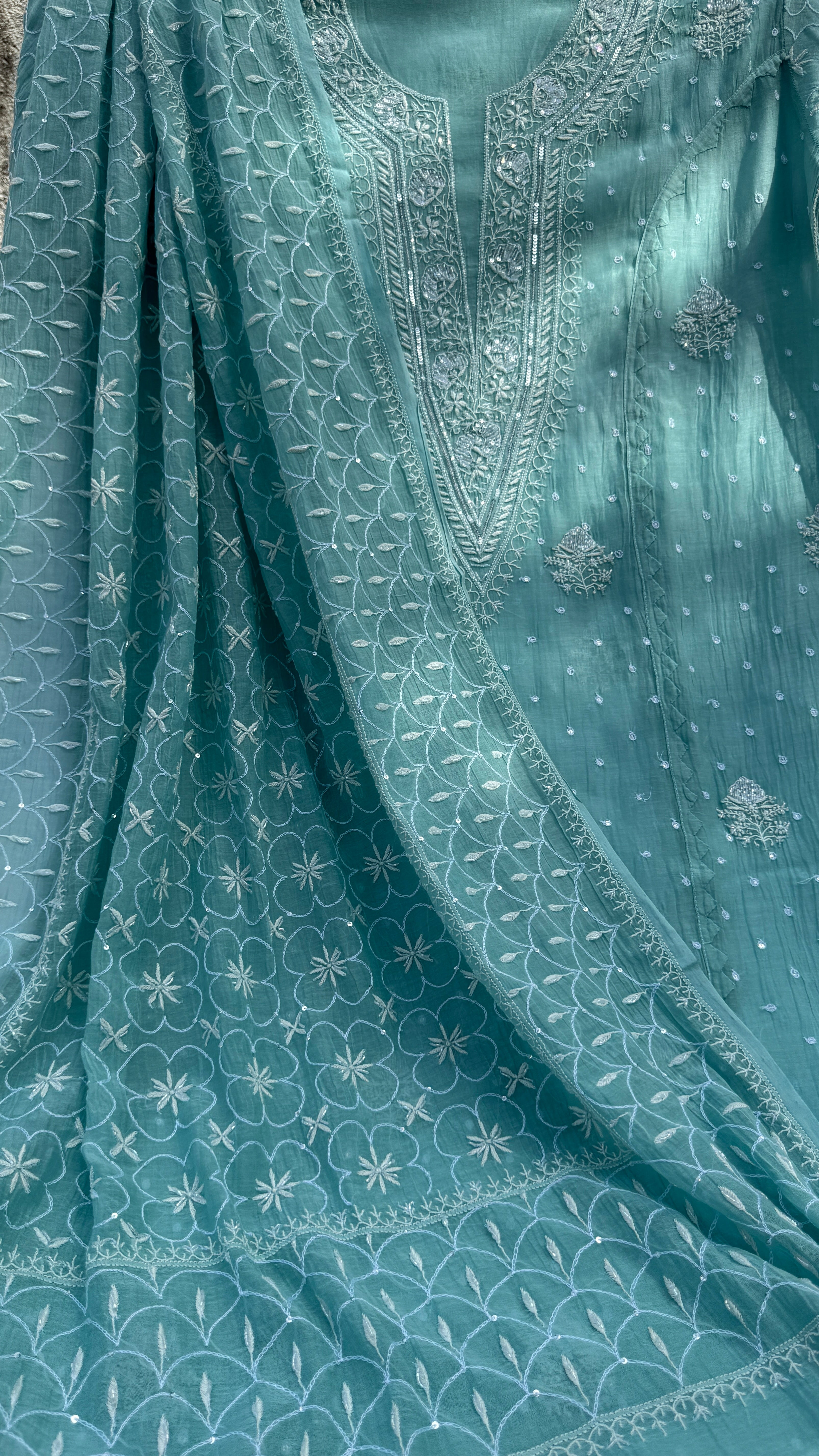 Mul Chanderi Chikankari - Unstitched Set - Turquoise Green