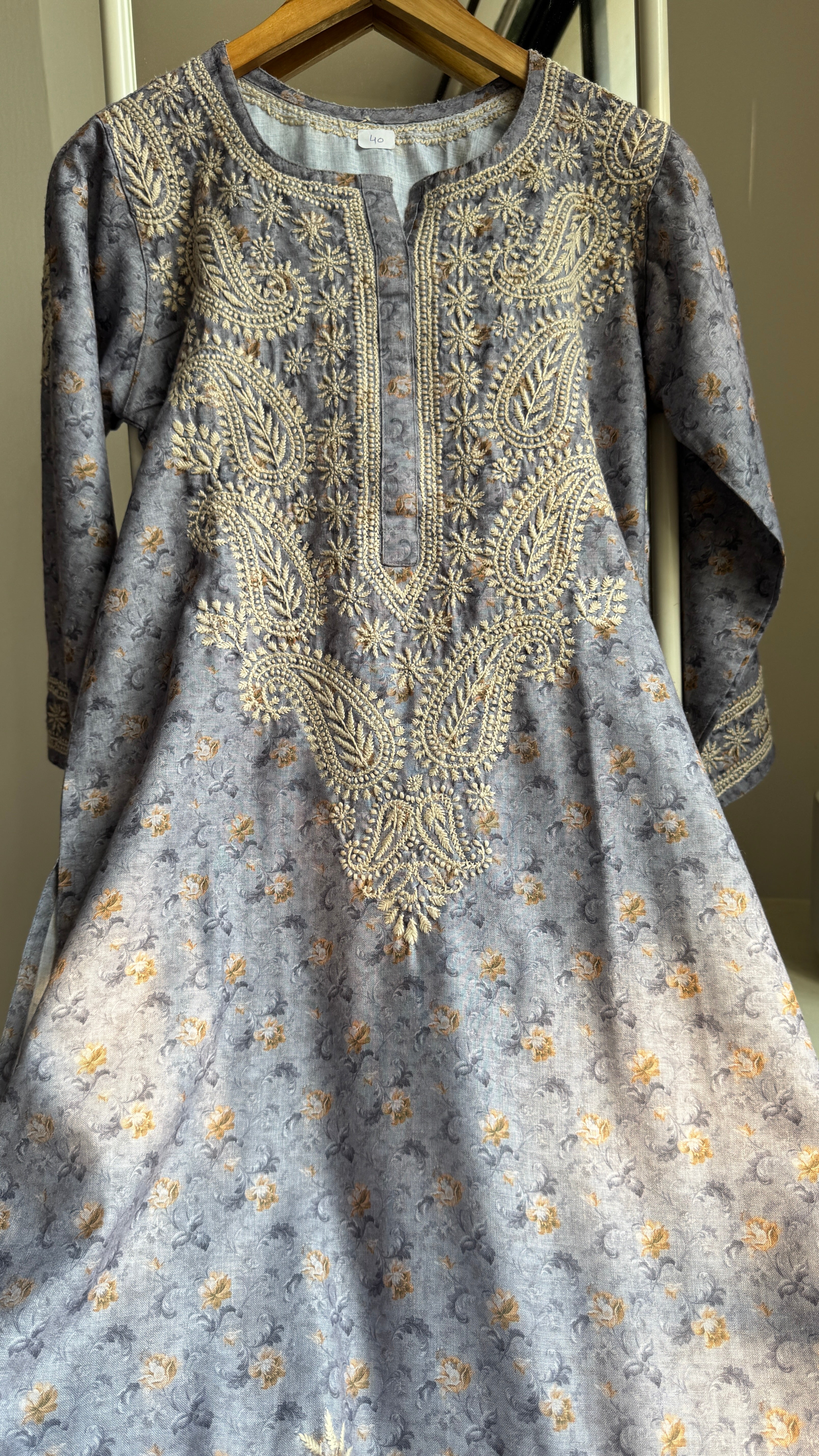 Thick Cotton Printed Chikankari Kurti - Grey Blue