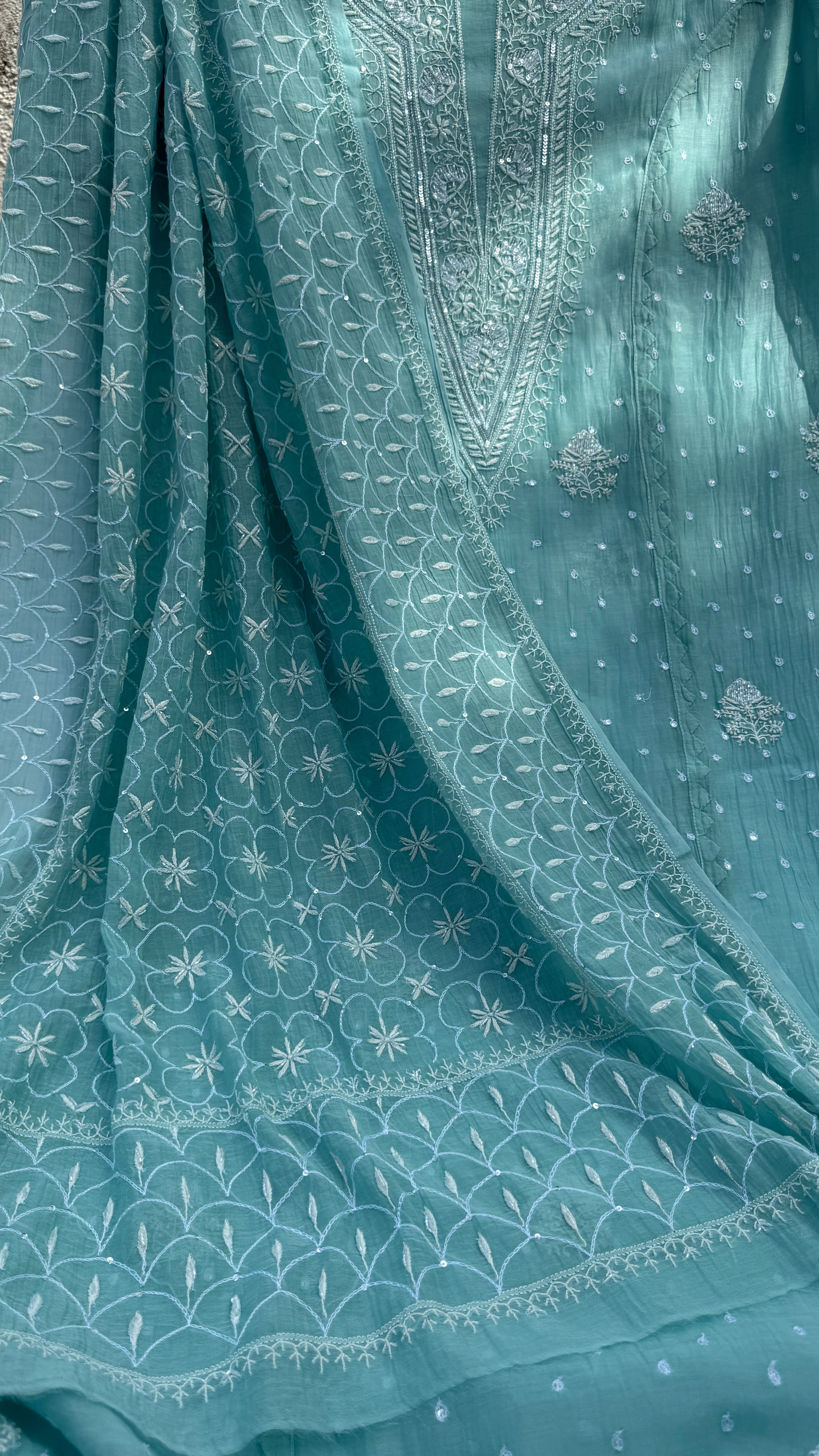 Mul Chanderi Chikankari - Unstitched Set - Turquoise Green