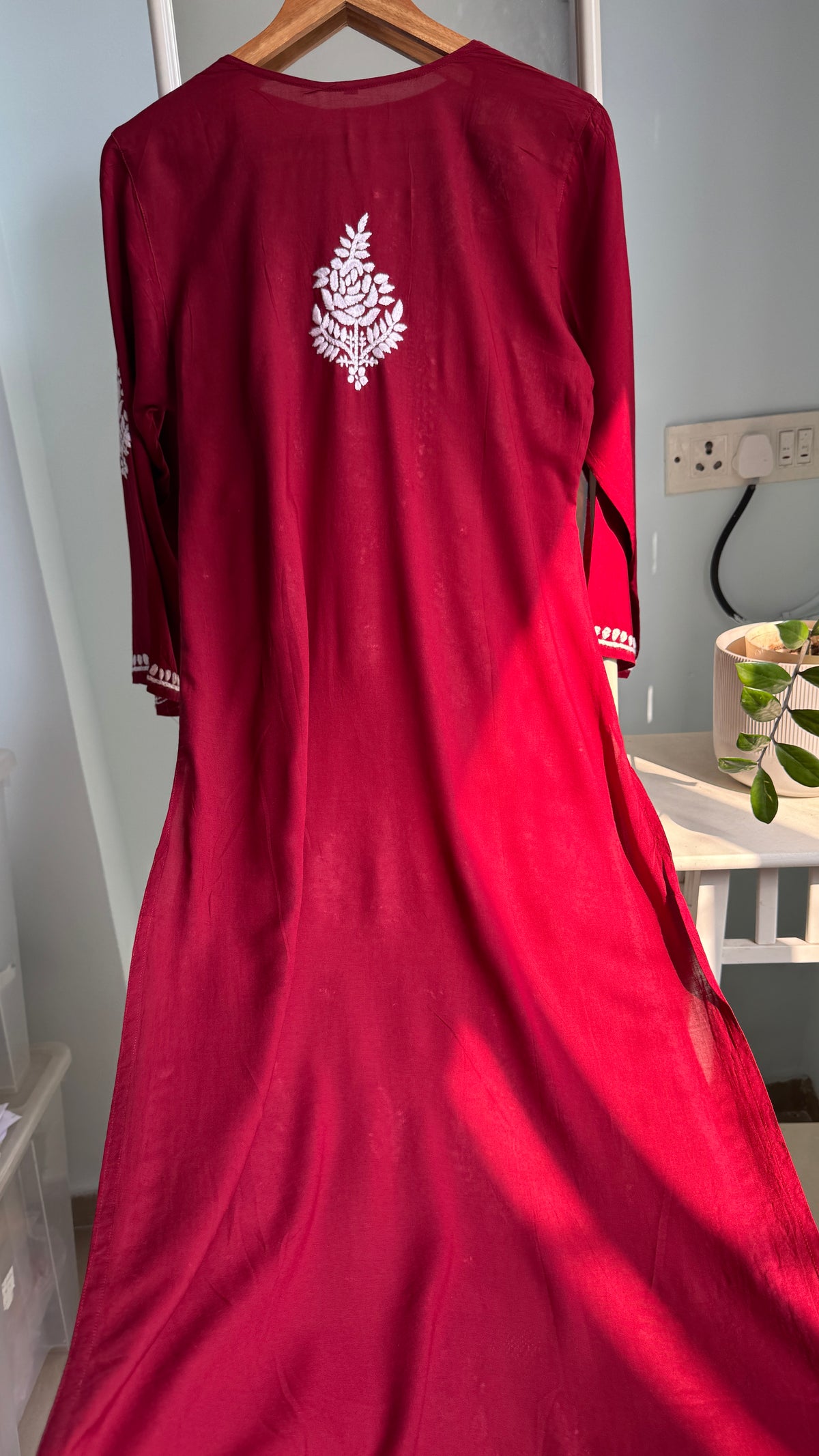 Modal Cotton Chikankari Pant Set - Red