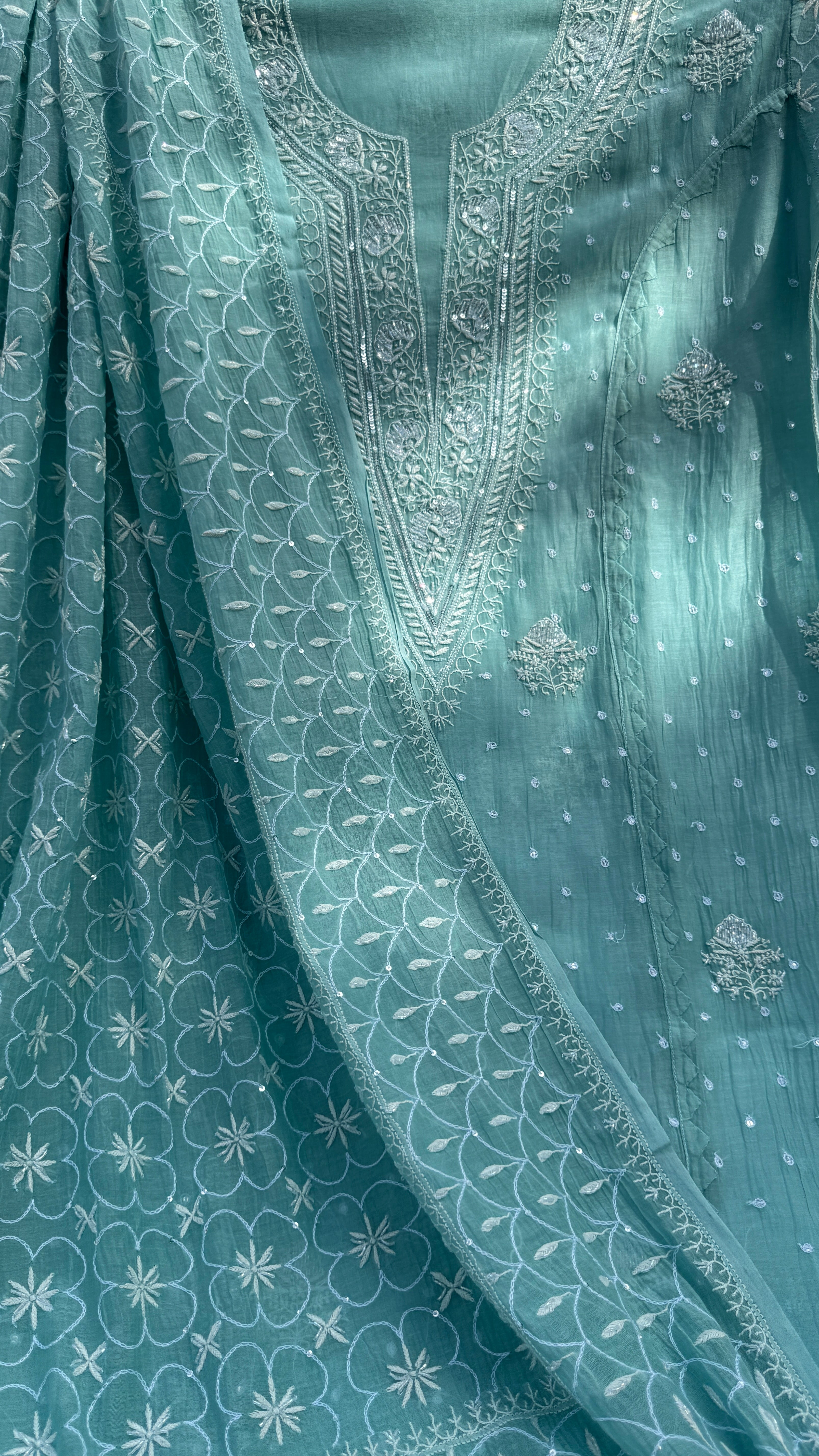 Mul Chanderi Chikankari - Unstitched Set - Turquoise Green