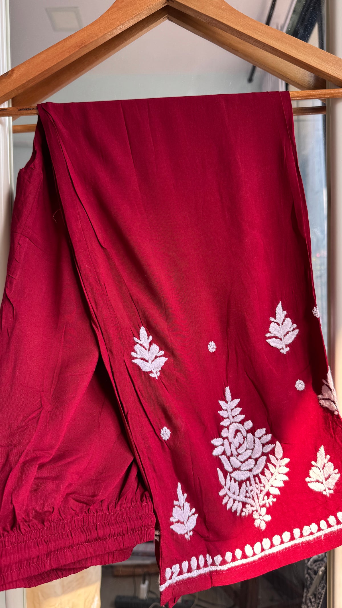 Modal Cotton Chikankari Pant Set - Red