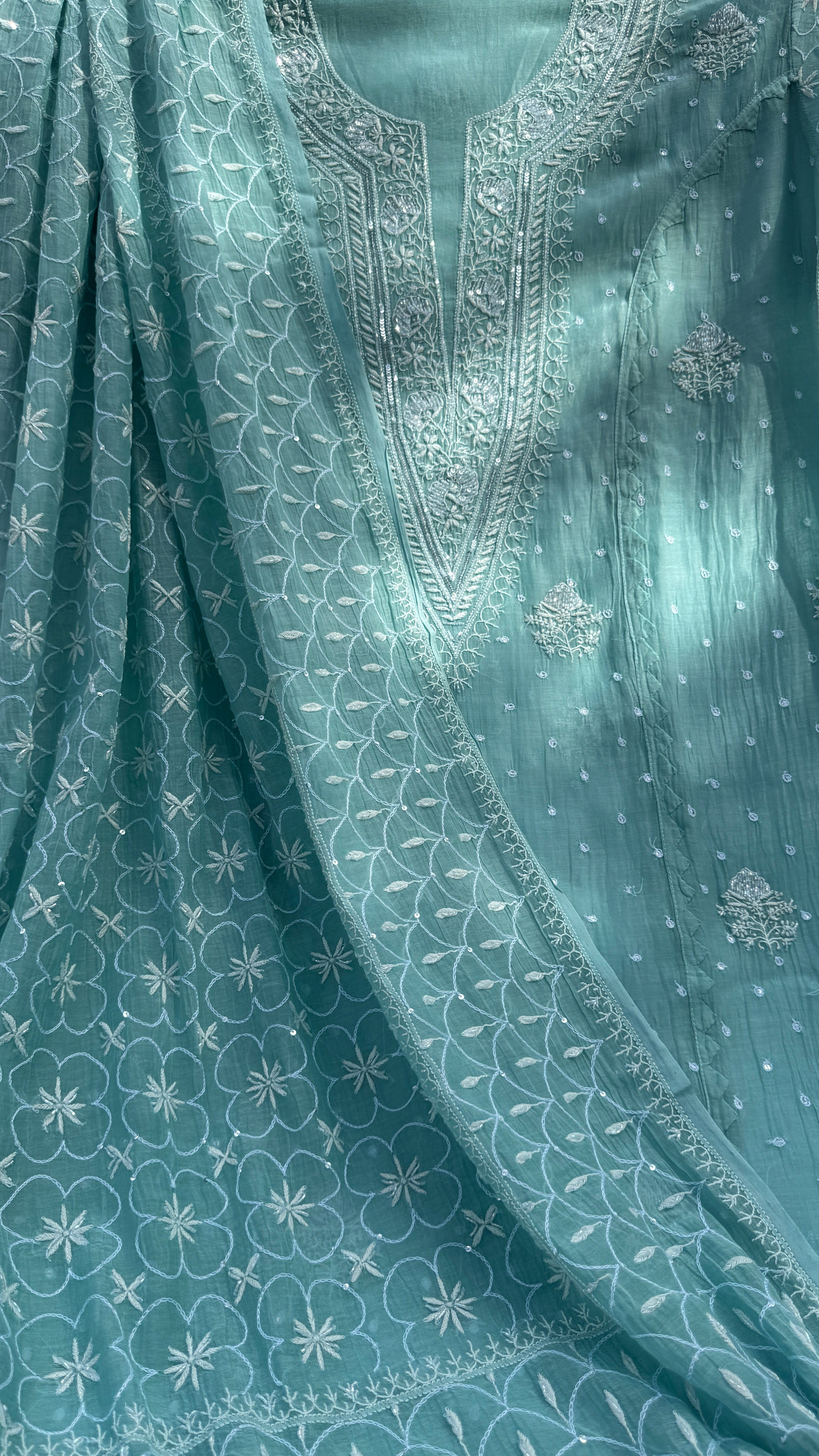 Mul Chanderi Chikankari - Unstitched Set - Turquoise Green