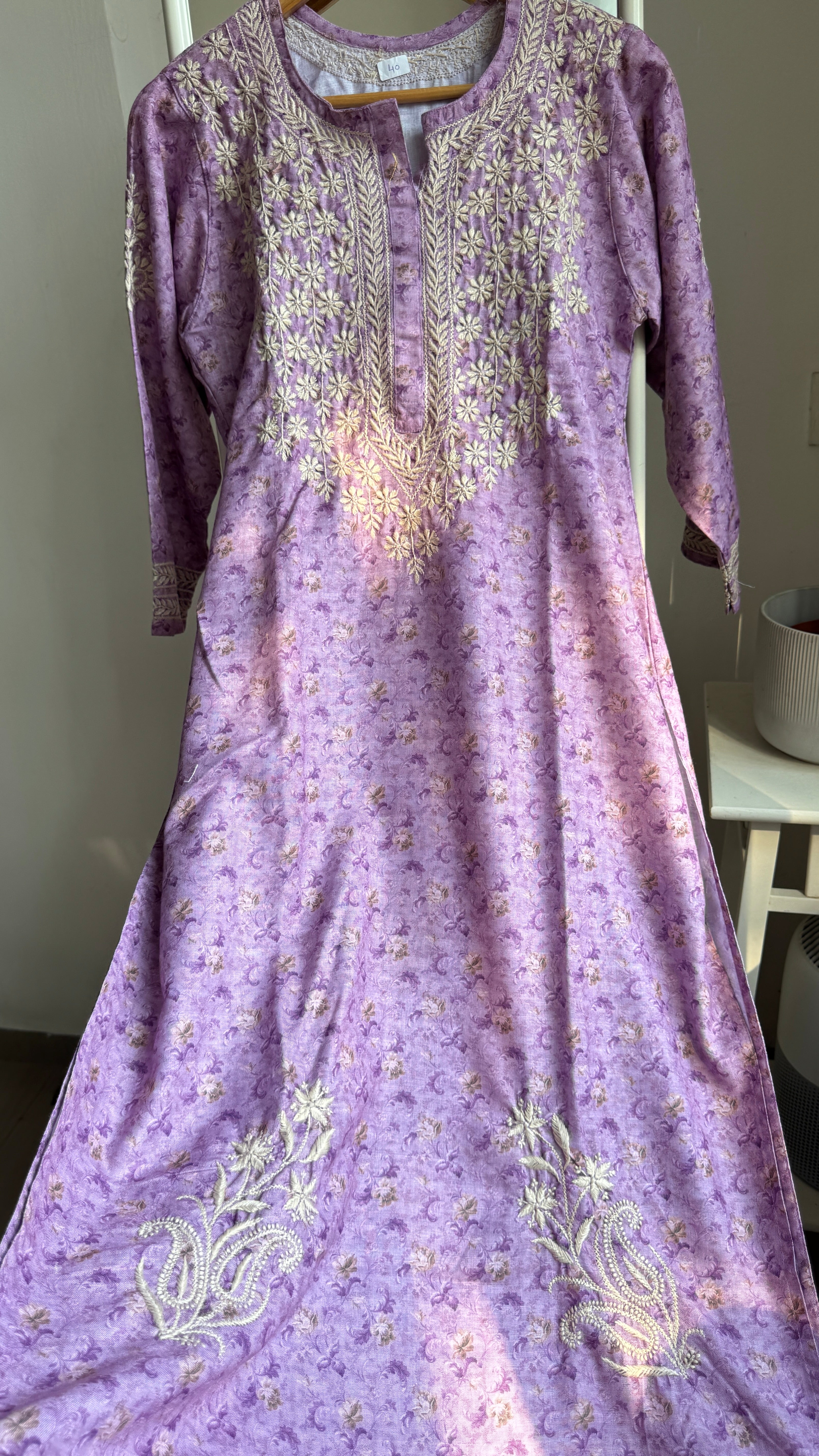 Thick Cotton Printed Chikankari Kurti - Lilac