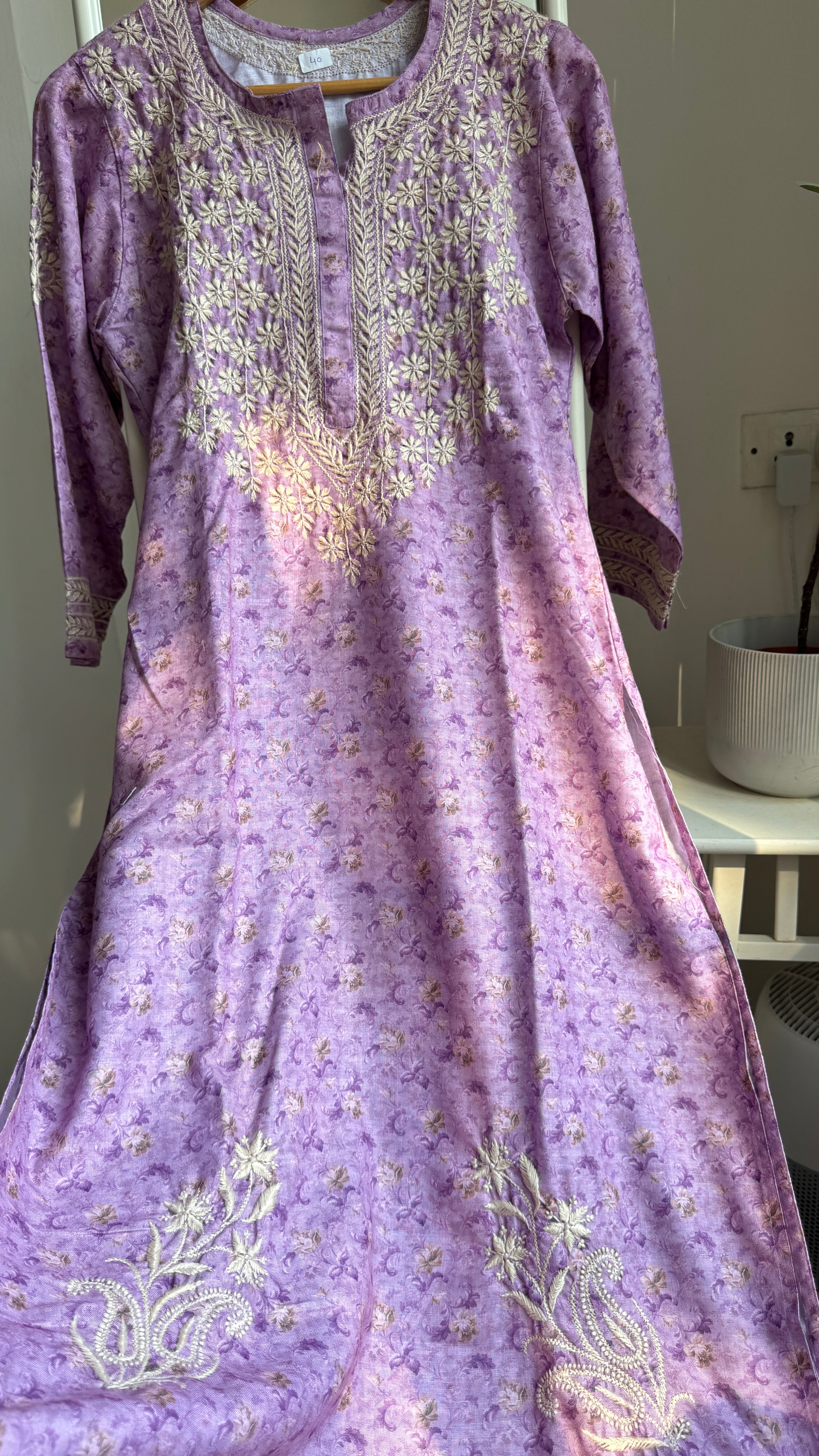 Thick Cotton Printed Chikankari Kurti - Lilac