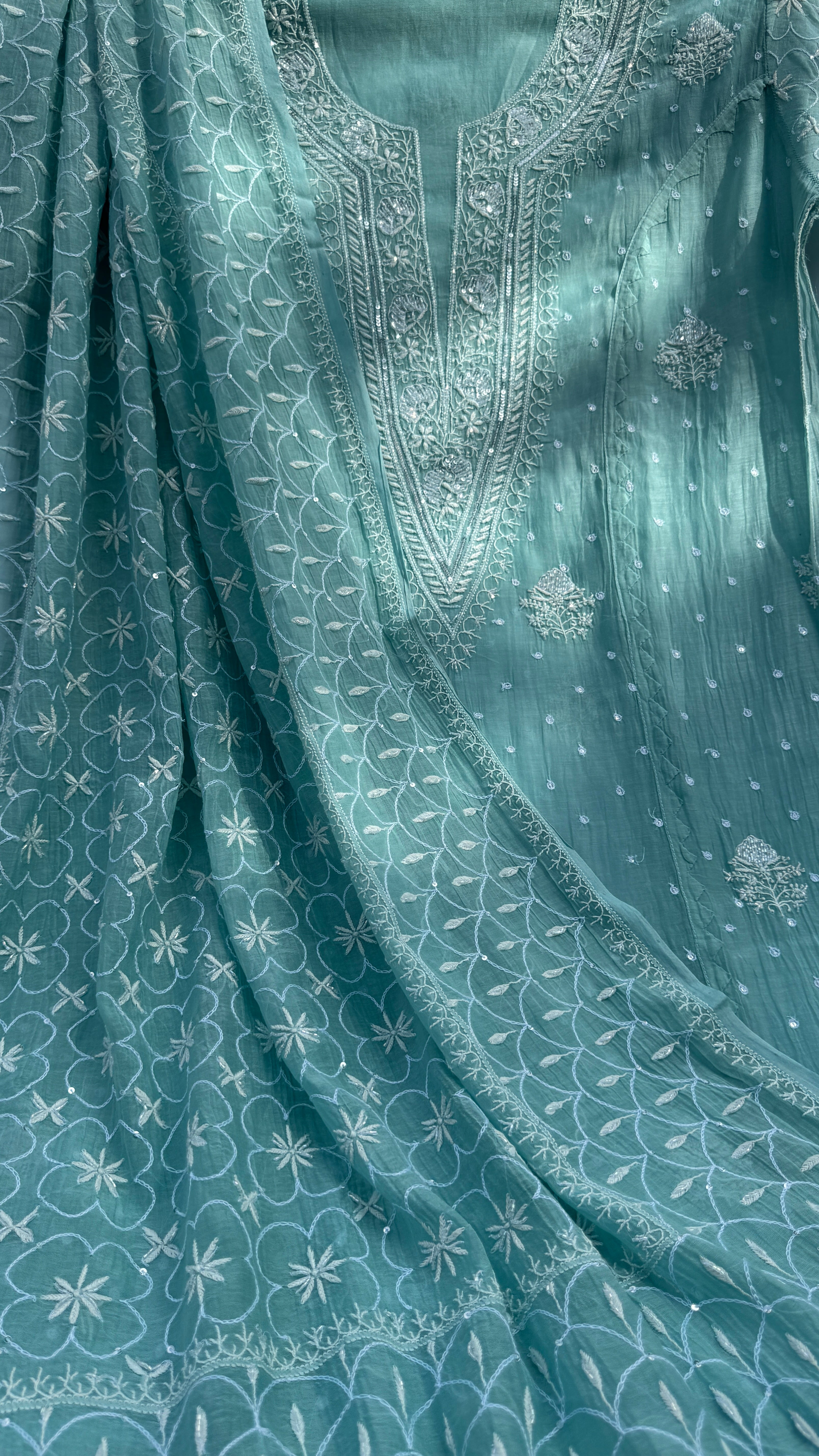 Mul Chanderi Chikankari - Unstitched Set - Turquoise Green