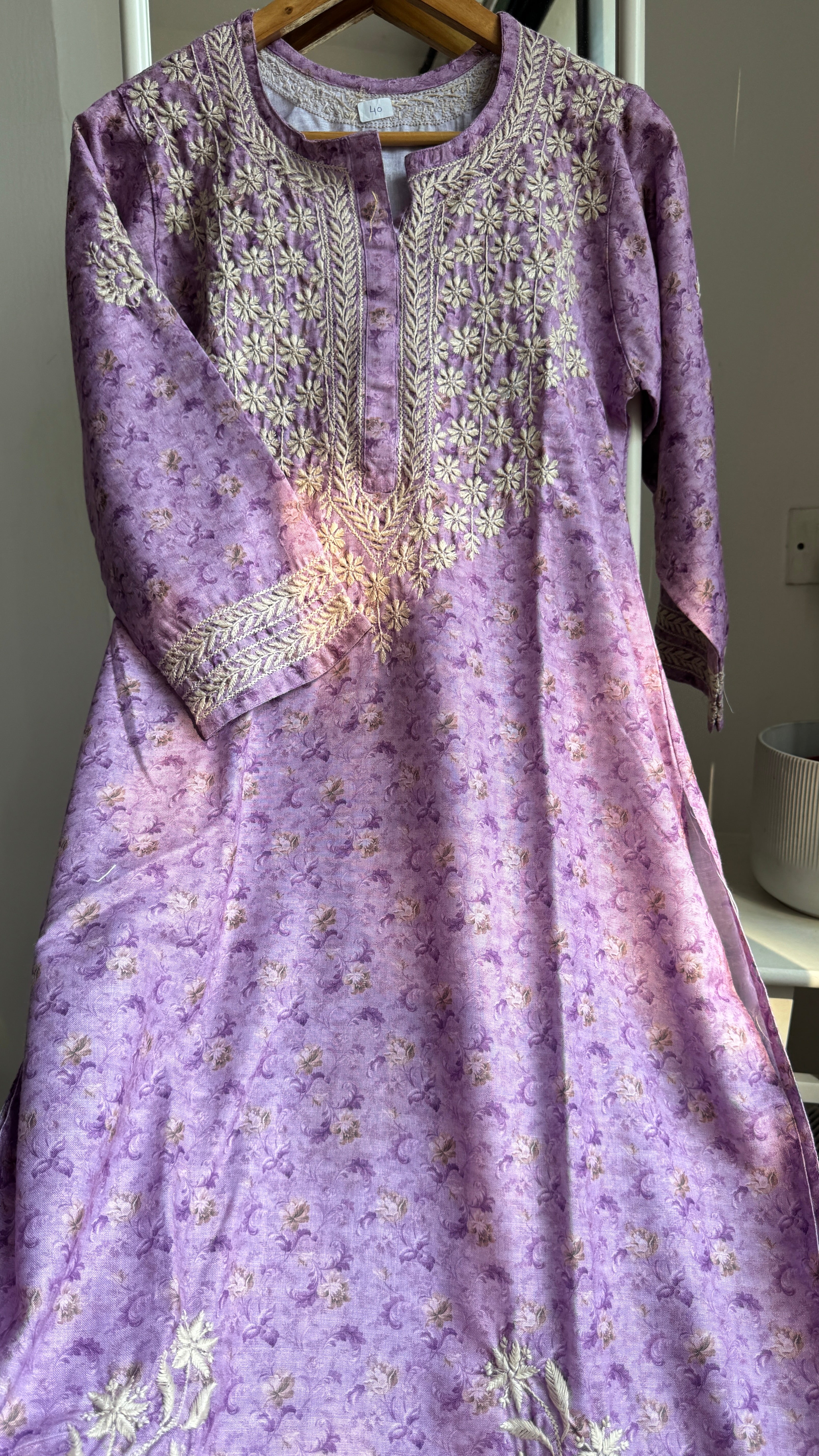 Thick Cotton Printed Chikankari Kurti - Lilac