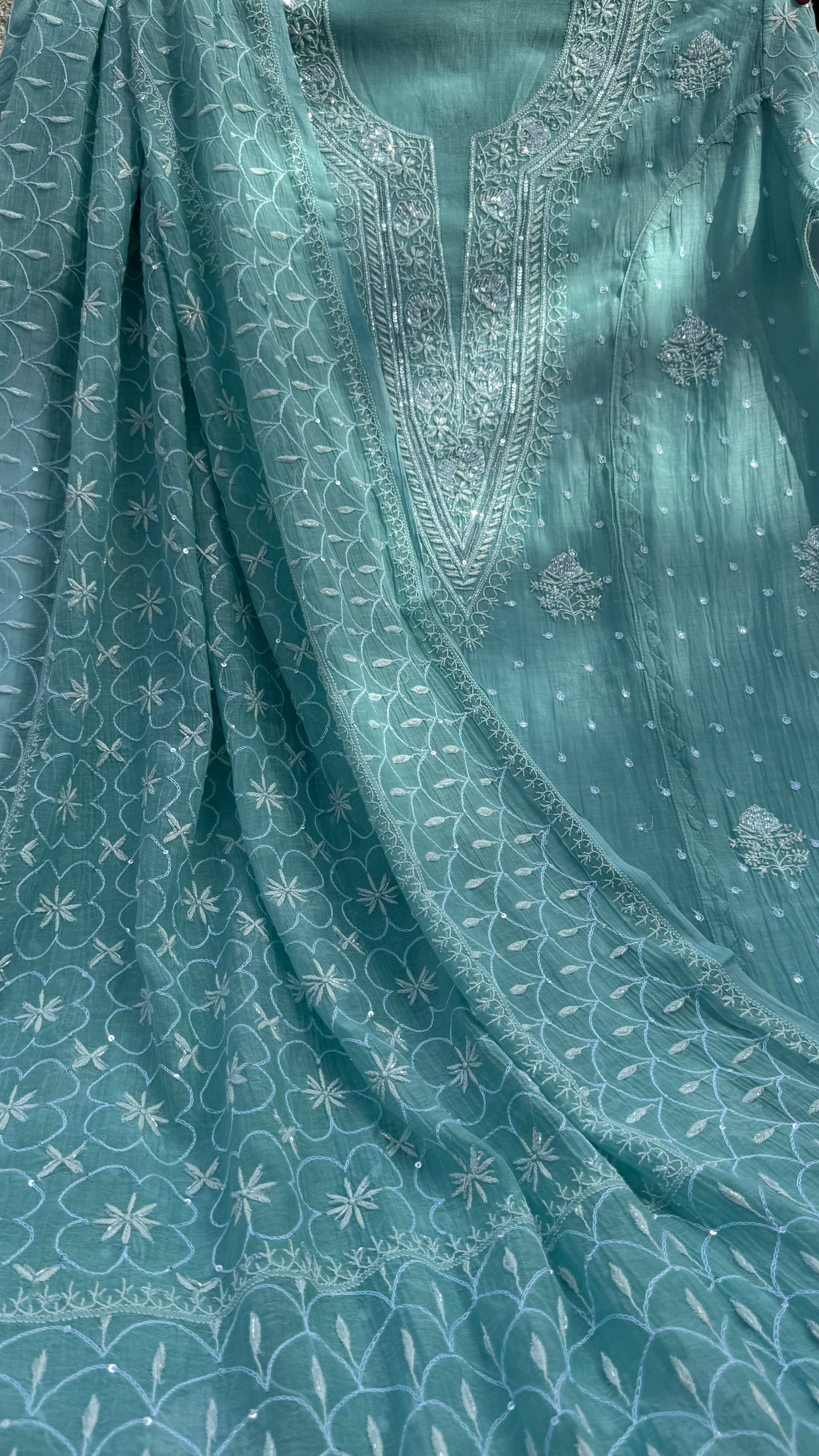 Mul Chanderi Chikankari - Unstitched Set - Turquoise Green