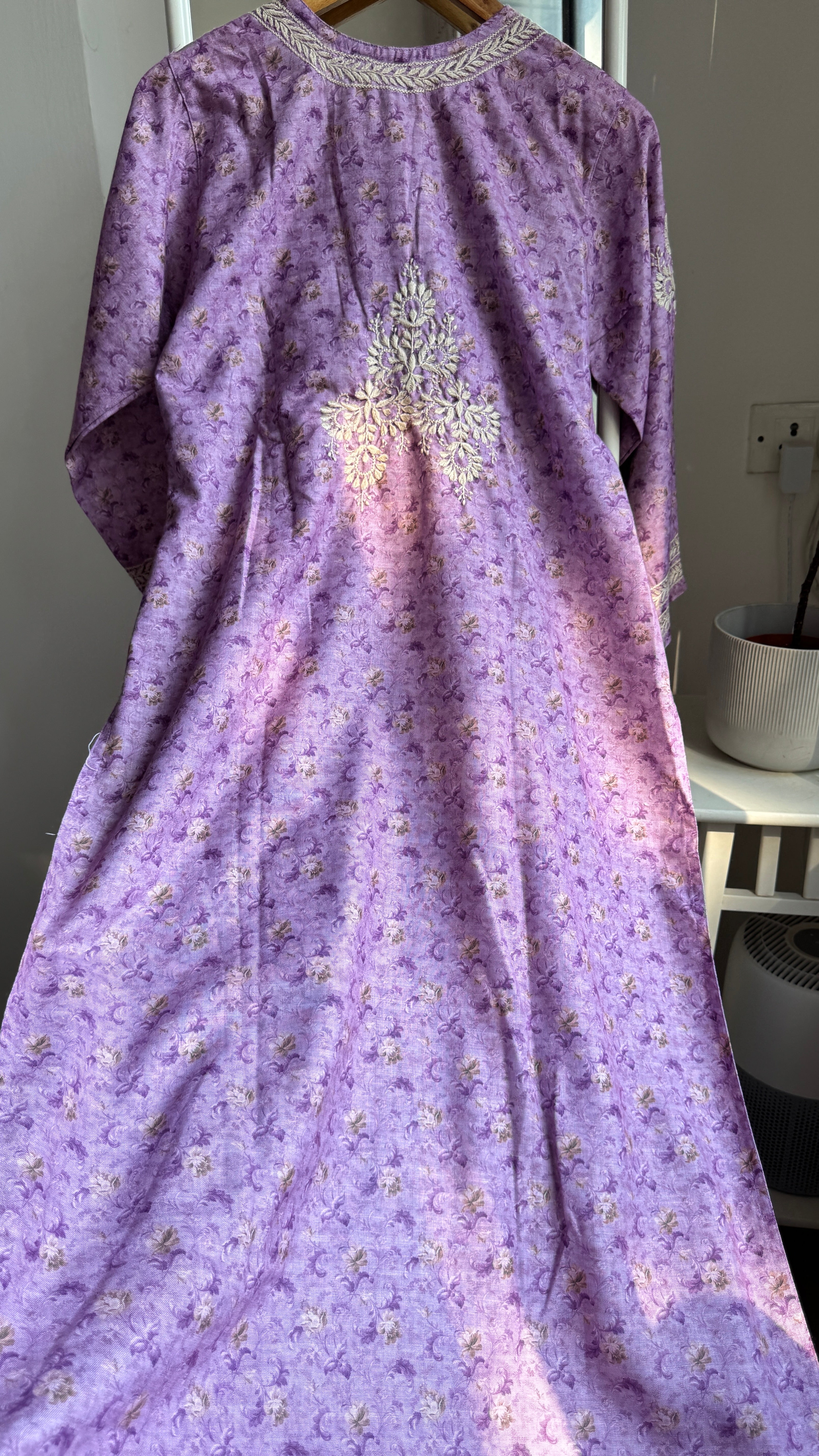 Thick Cotton Printed Chikankari Kurti - Lilac
