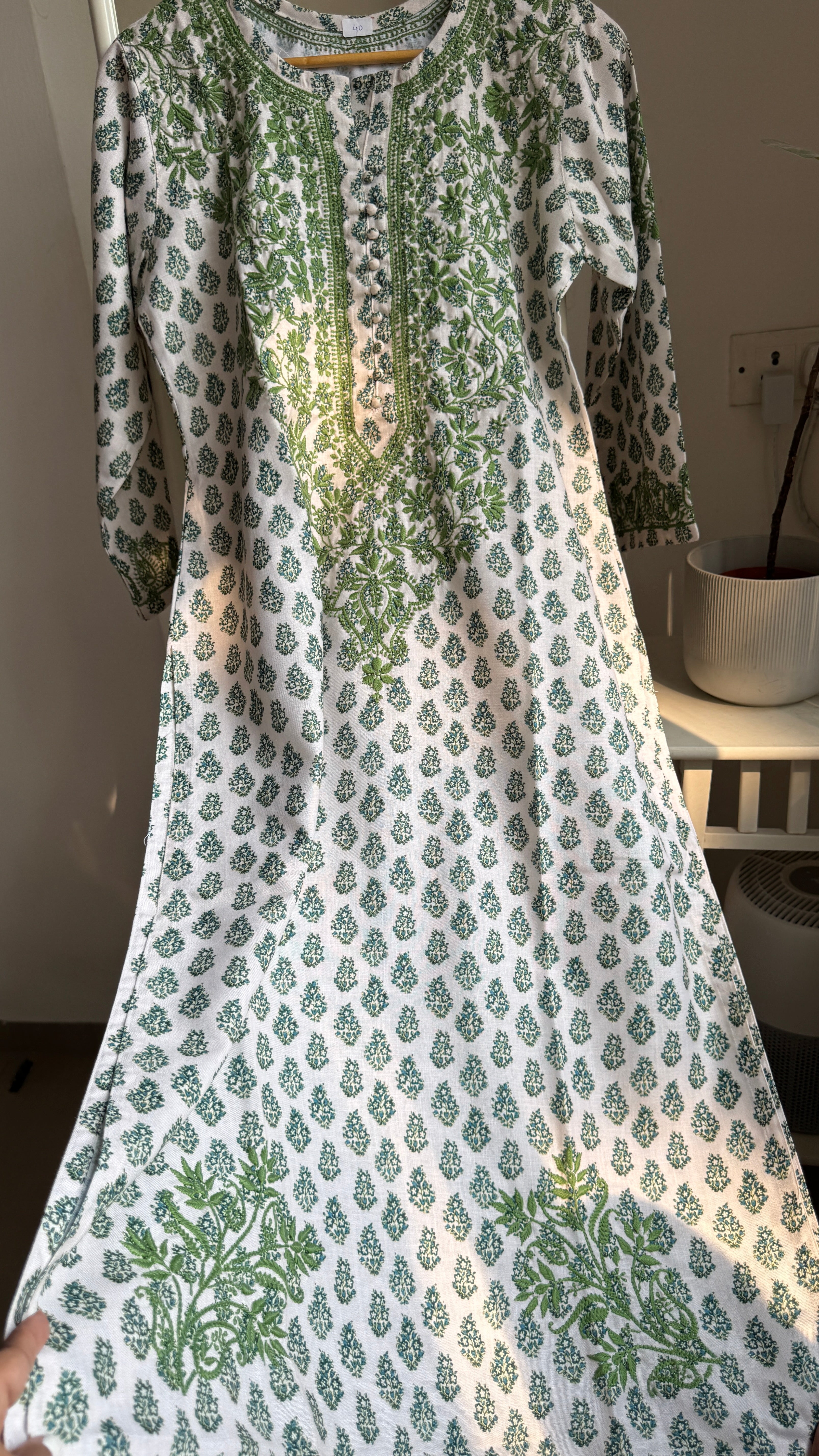 Thick Cotton Printed Chikankari Kurti - Green