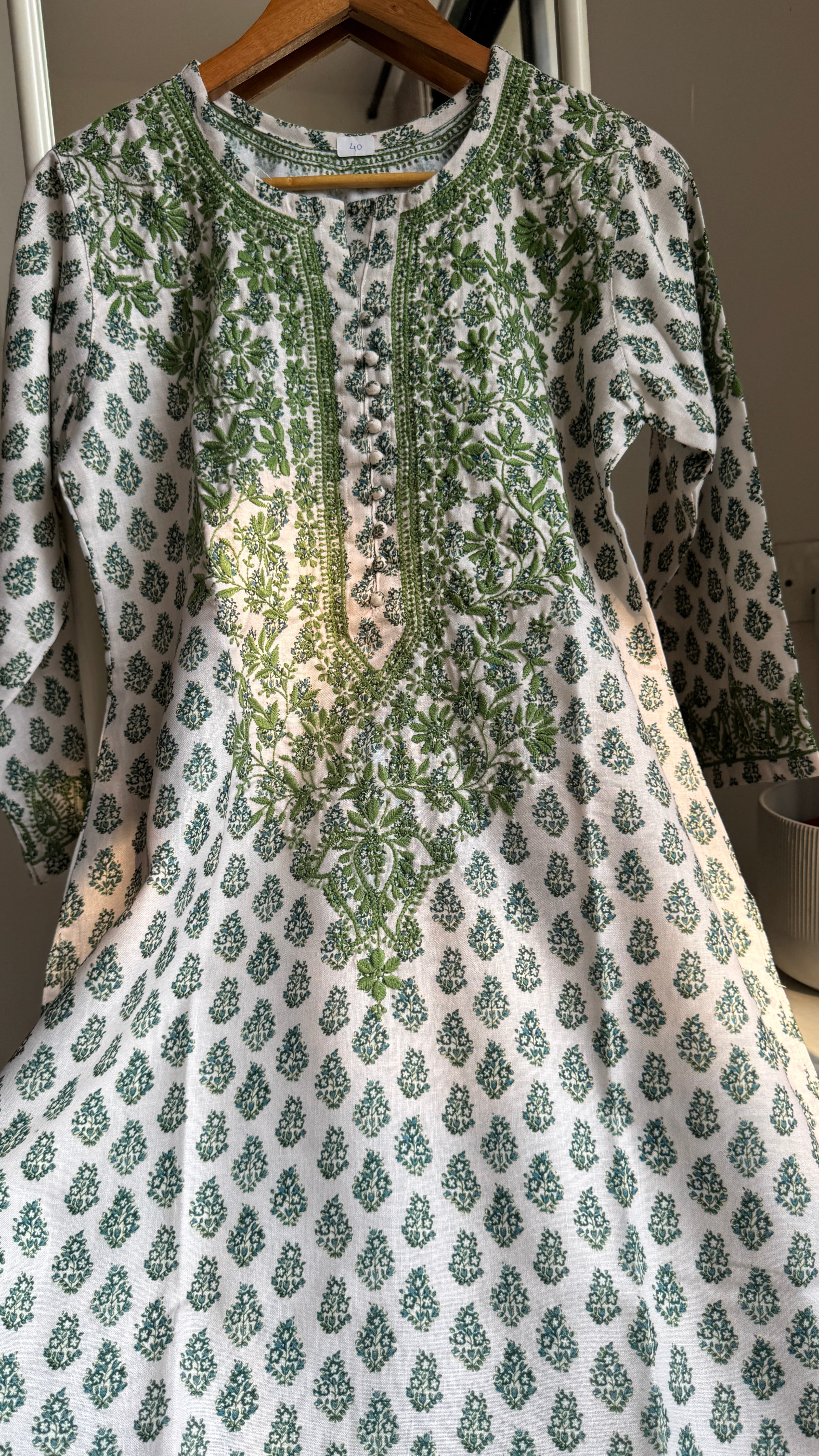 Thick Cotton Printed Chikankari Kurti - Green
