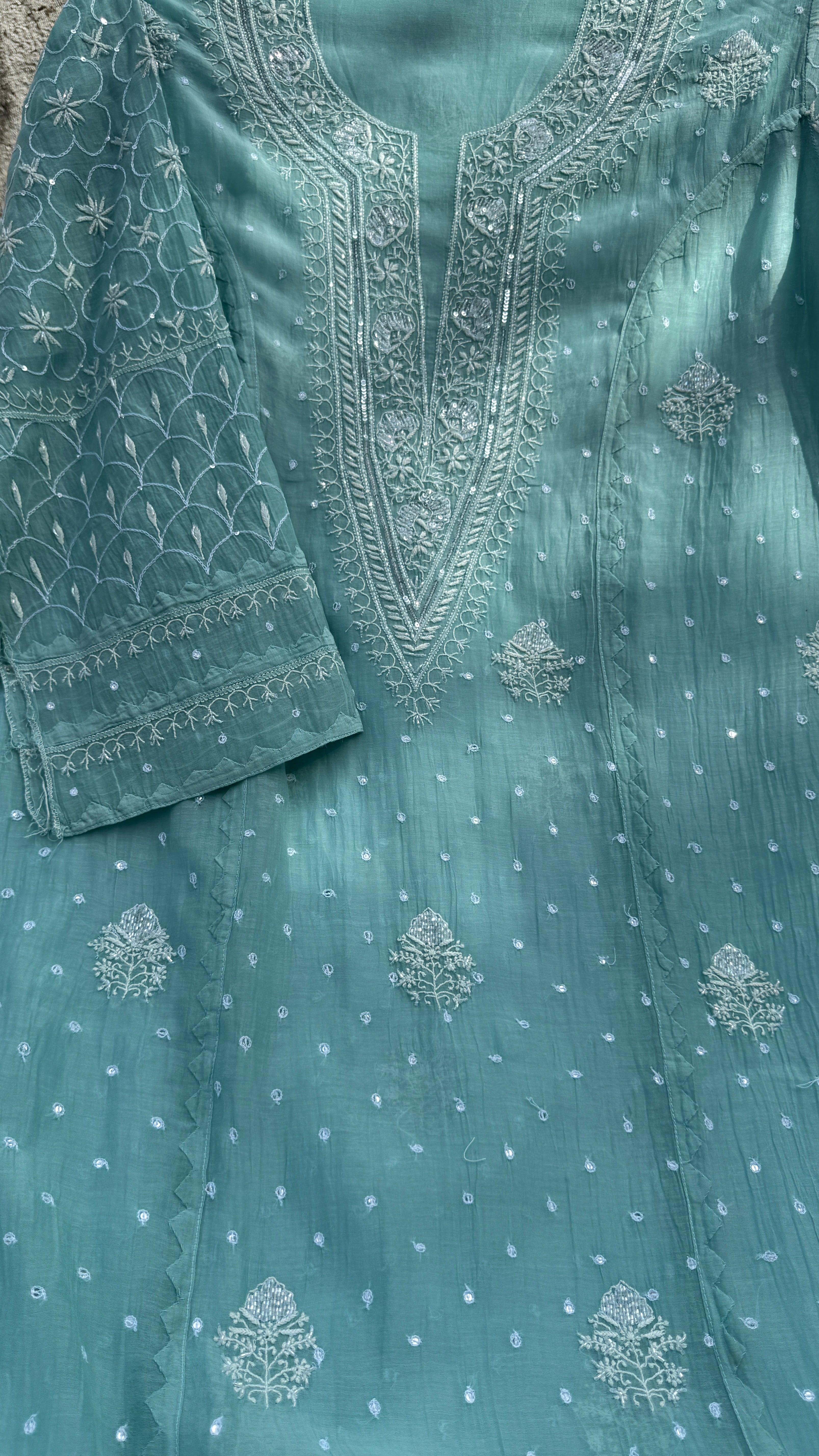 Mul Chanderi Chikankari - Unstitched Set - Turquoise Green