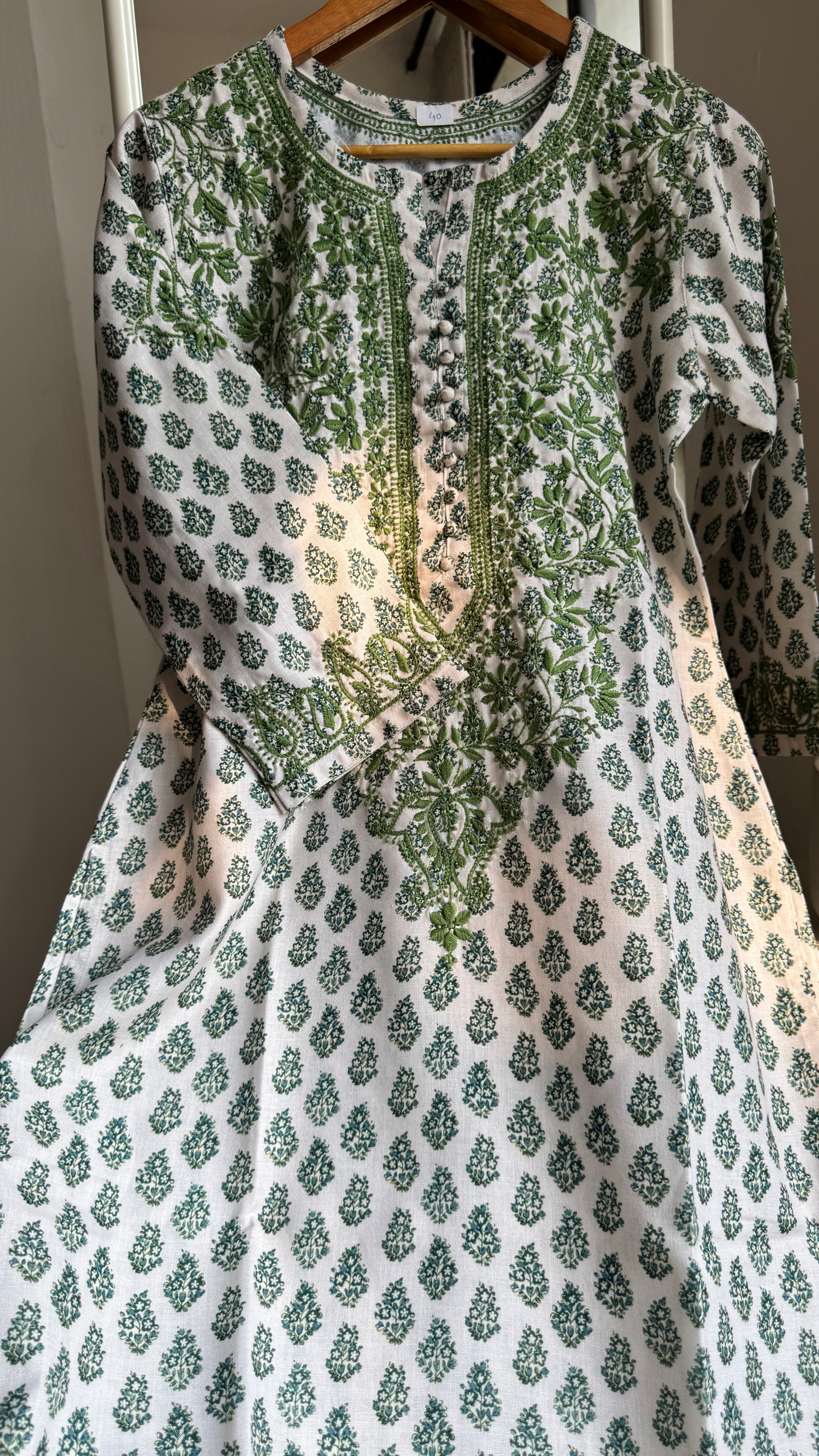 Thick Cotton Printed Chikankari Kurti - Green