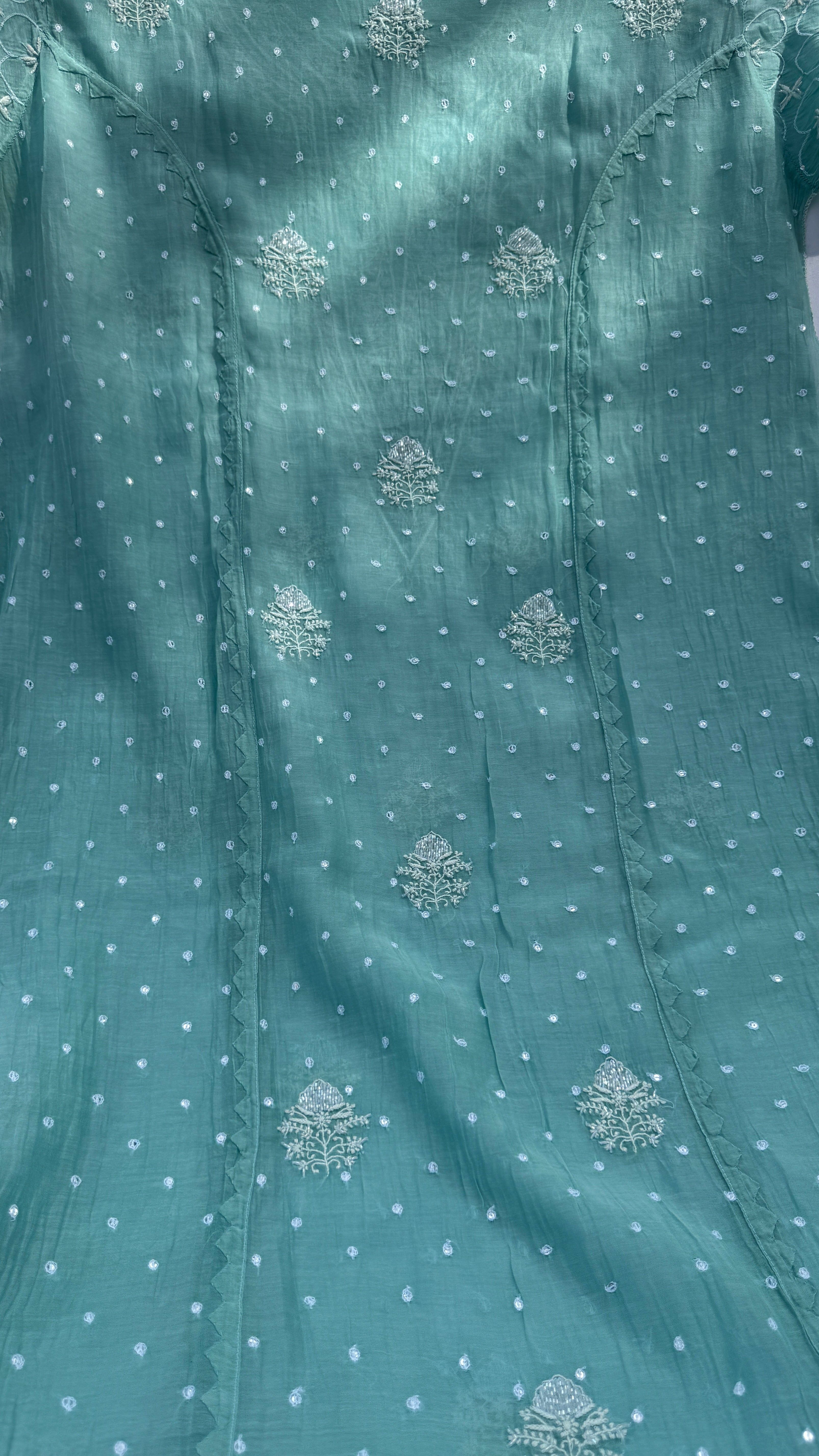 Mul Chanderi Chikankari - Unstitched Set - Turquoise Green