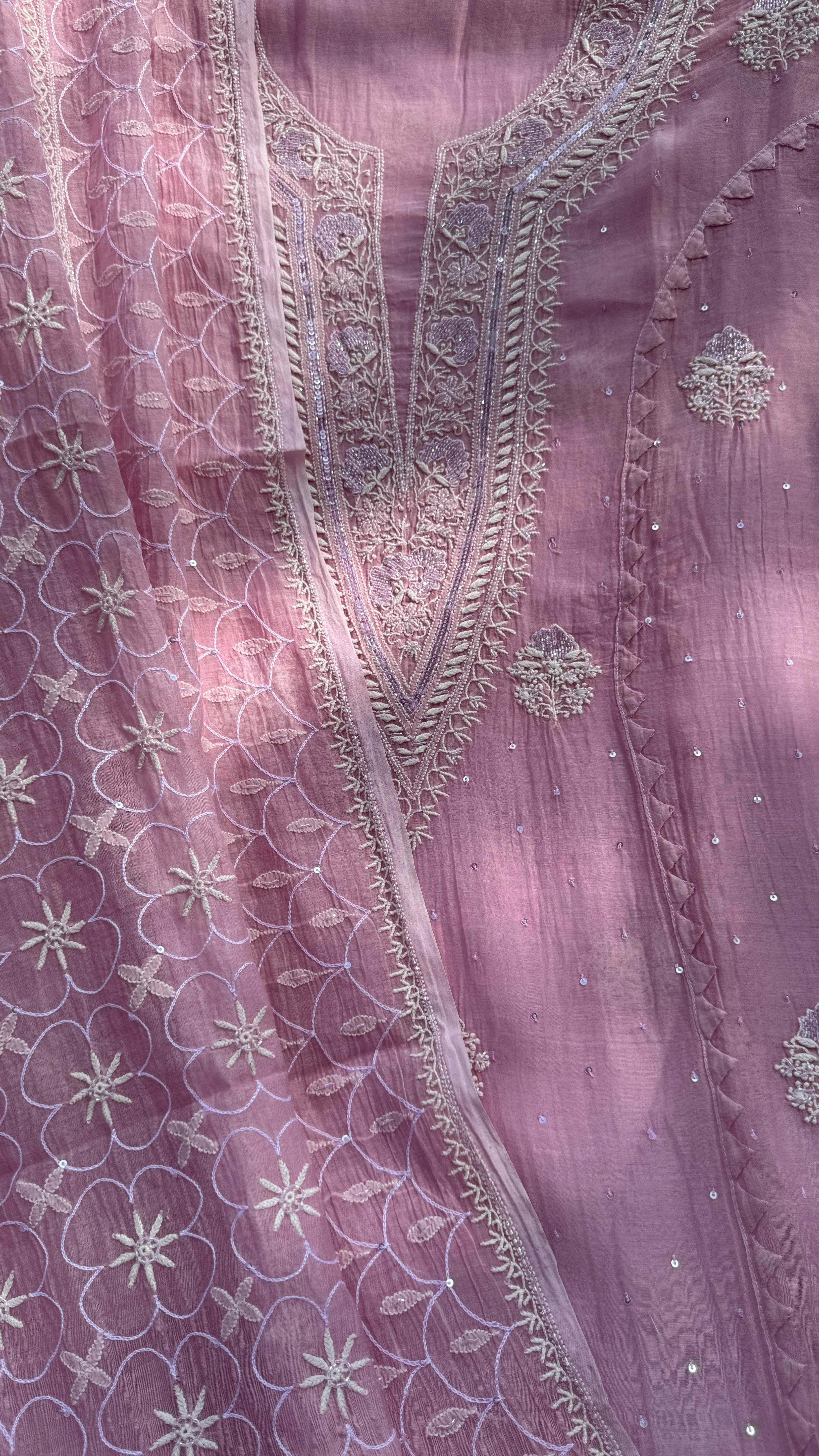 Mul Chanderi Chikankari - Unstitched Set - Rose Pink