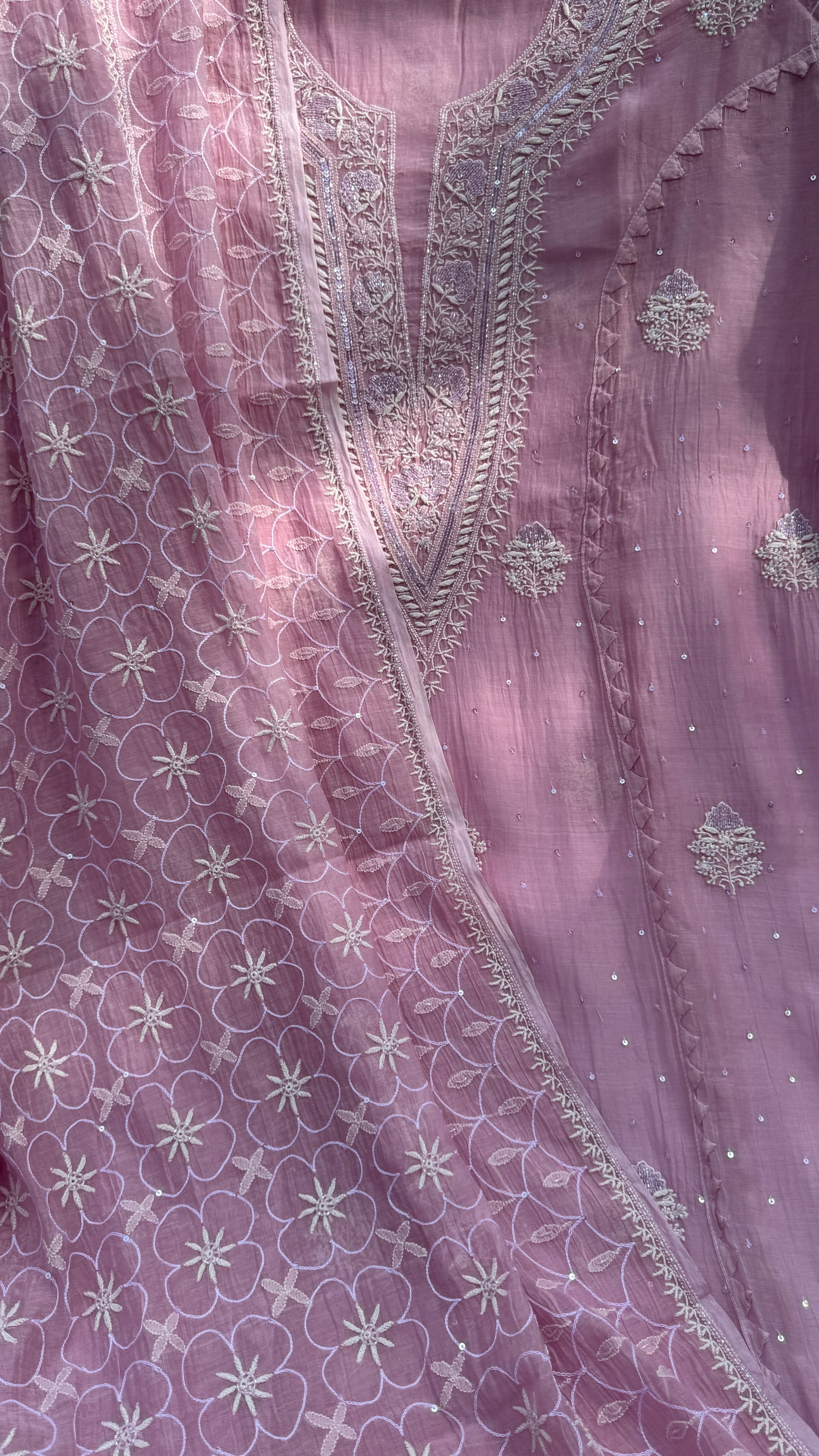 Mul Chanderi Chikankari - Unstitched Set - Rose Pink