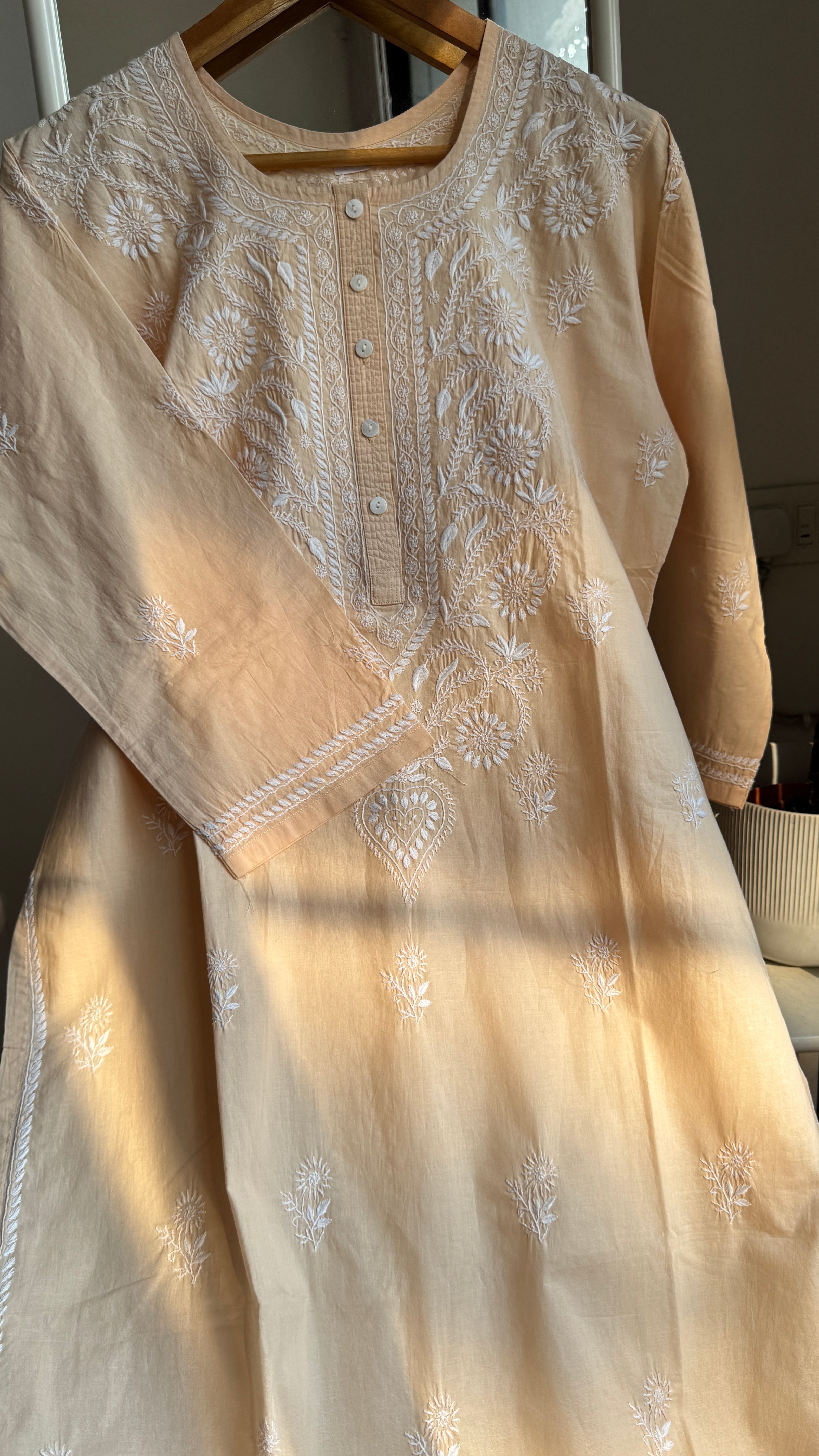 Thick Cotton Chikankari Kurti - Light Peach