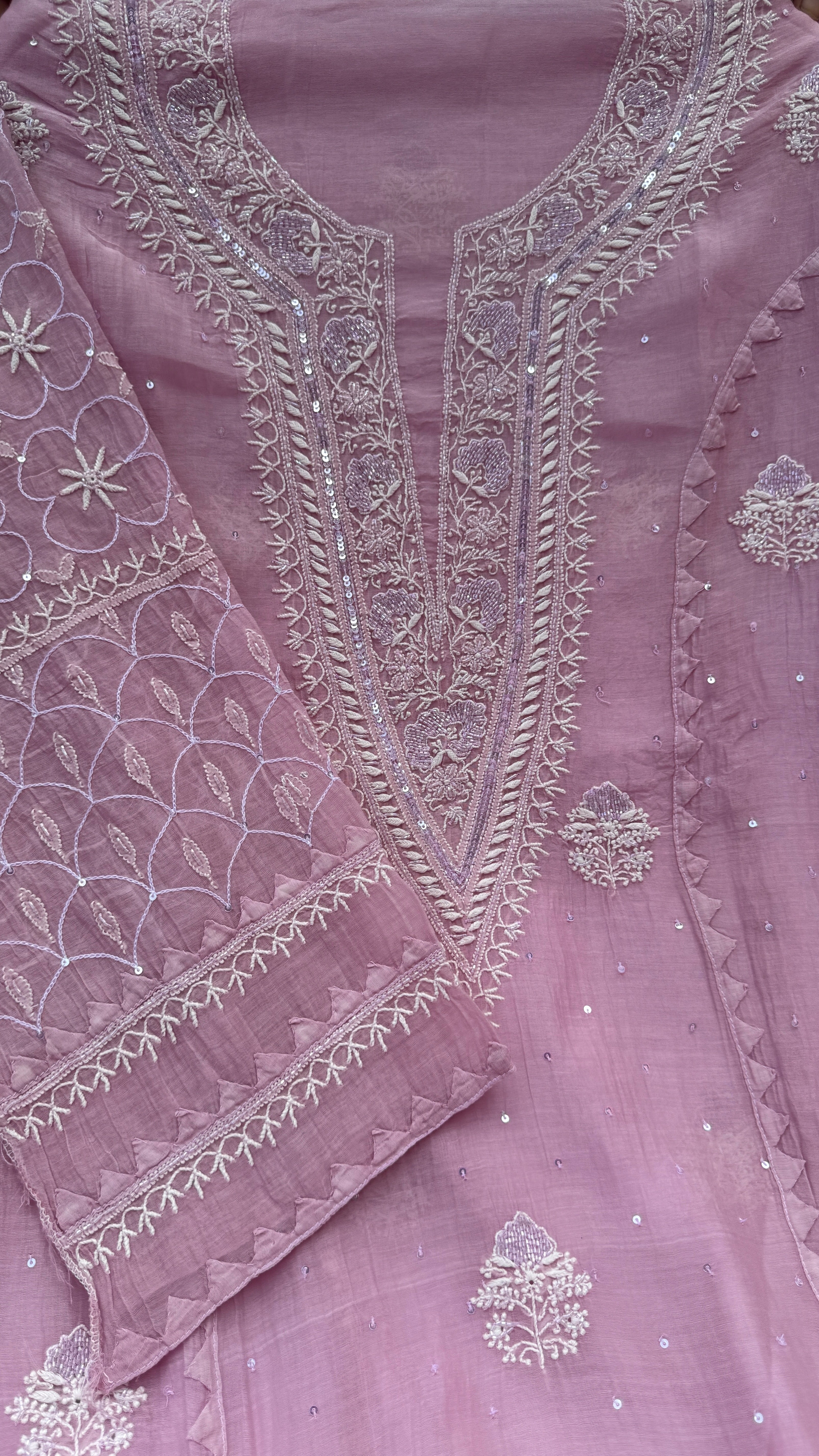 Mul Chanderi Chikankari - Unstitched Set - Rose Pink