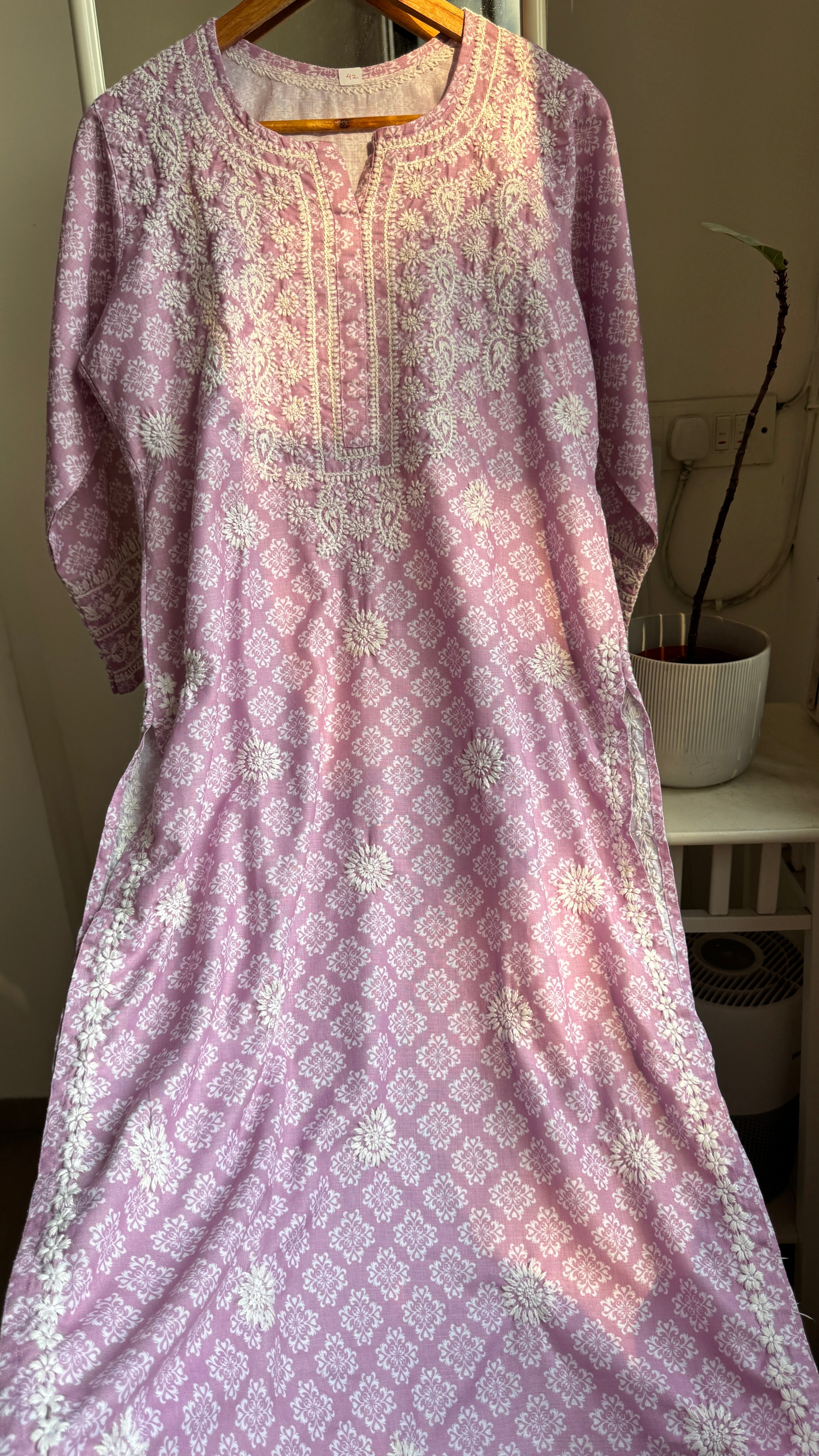 Cotton Printed Chikankari Kurti - Lilac