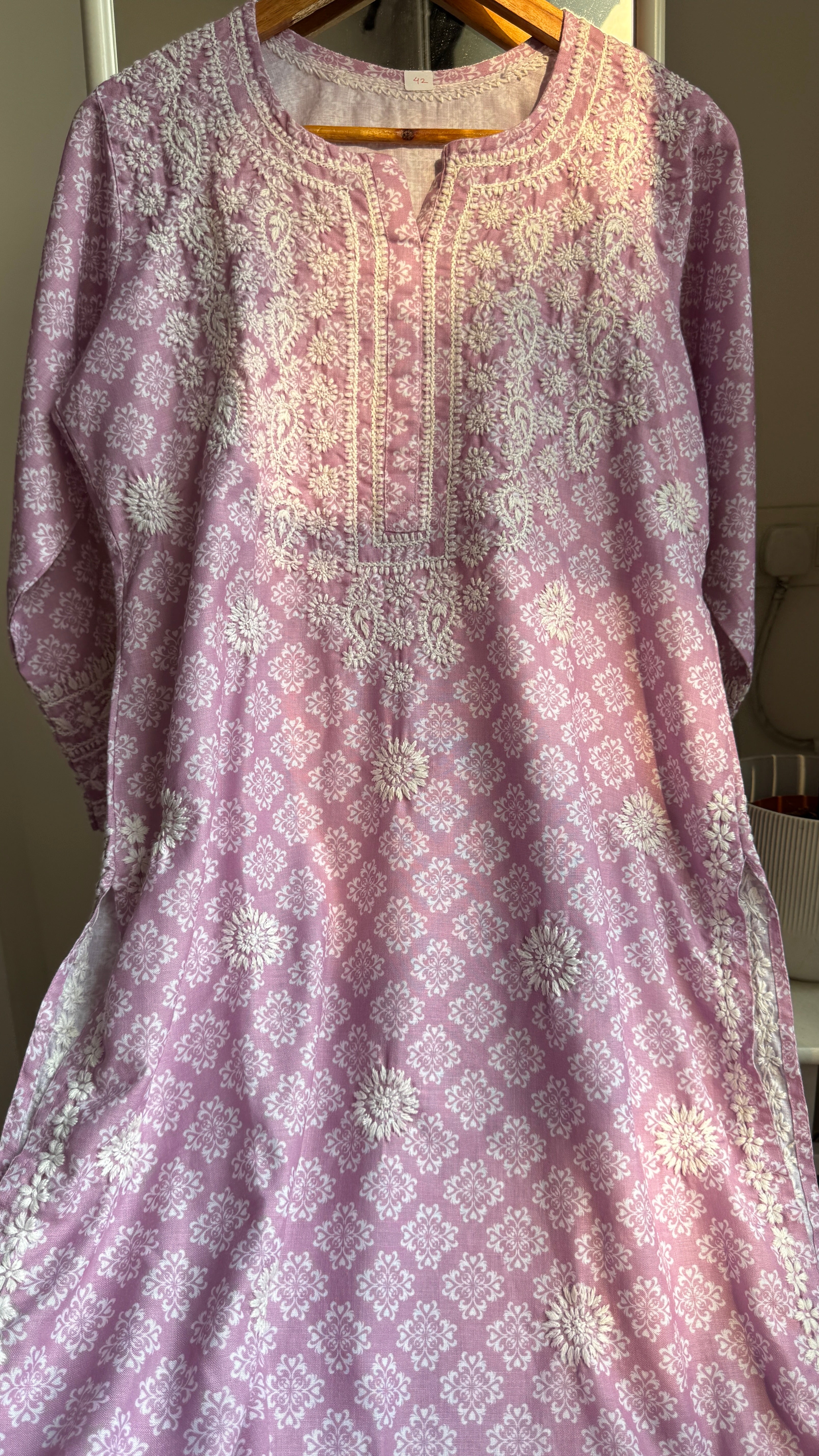 Cotton Printed Chikankari Kurti - Lilac