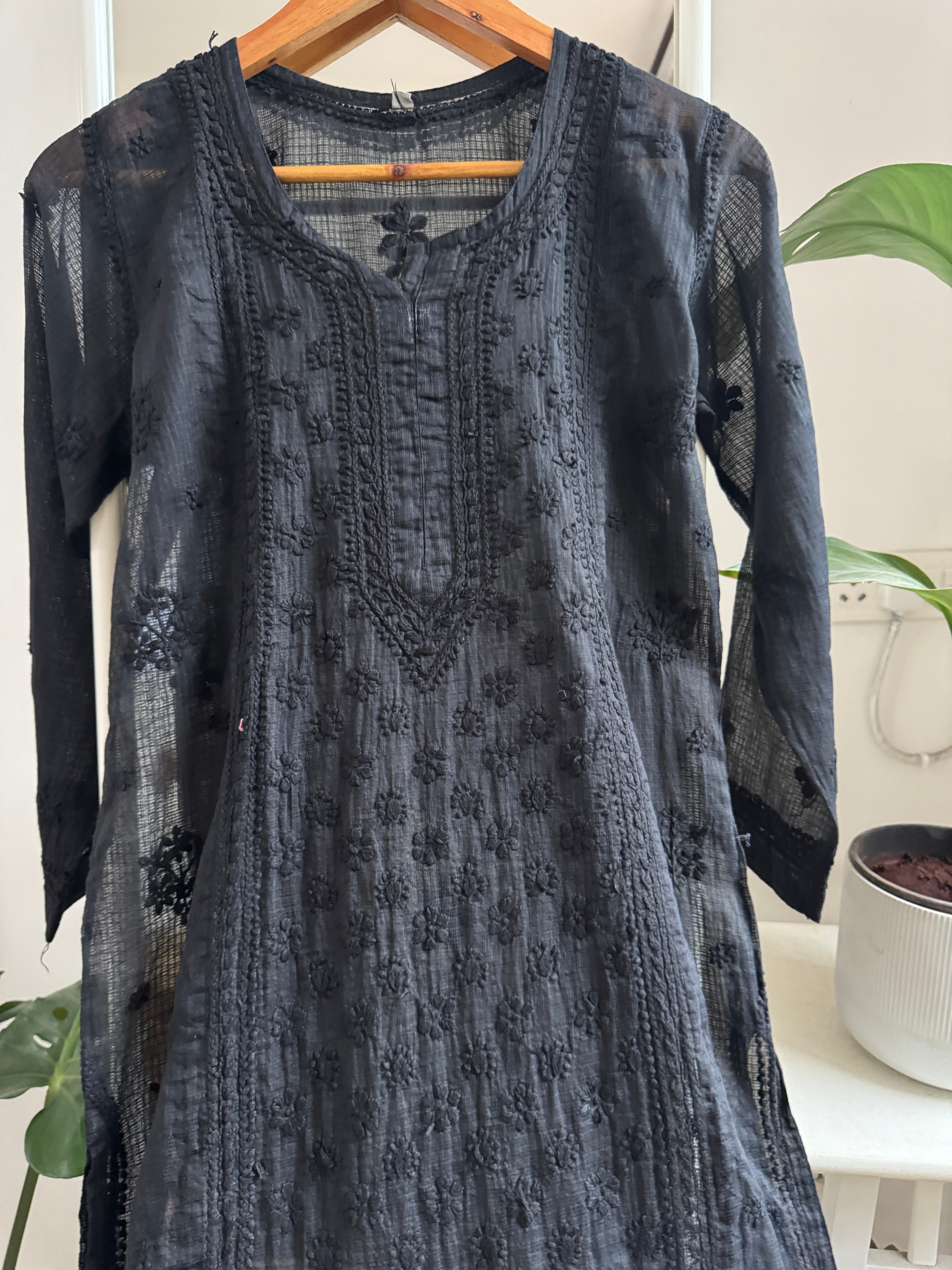 Kota Soft Cotton Chikankari Kurti - Black