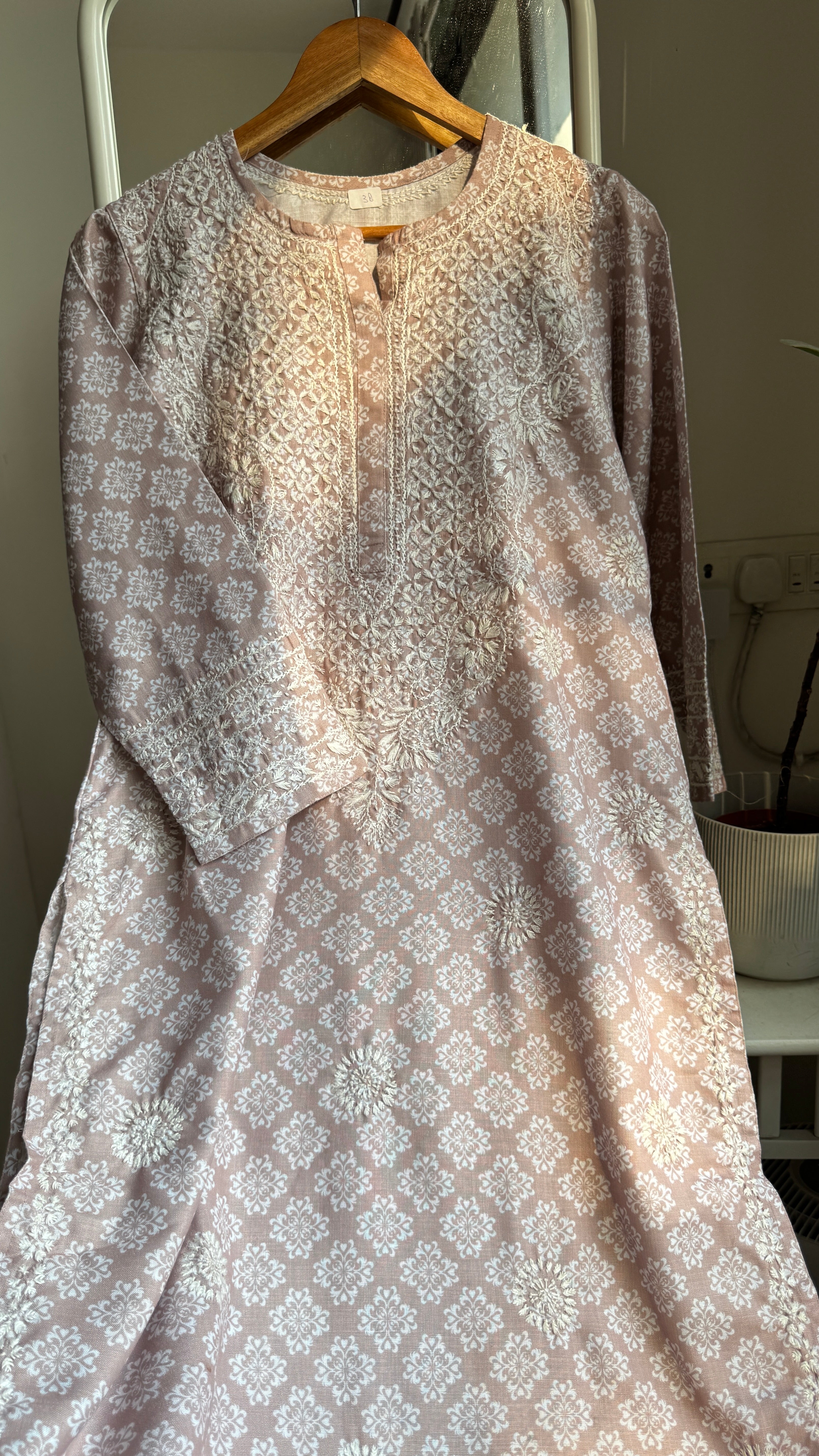 Cotton Printed Chikankari Kurti - Brown