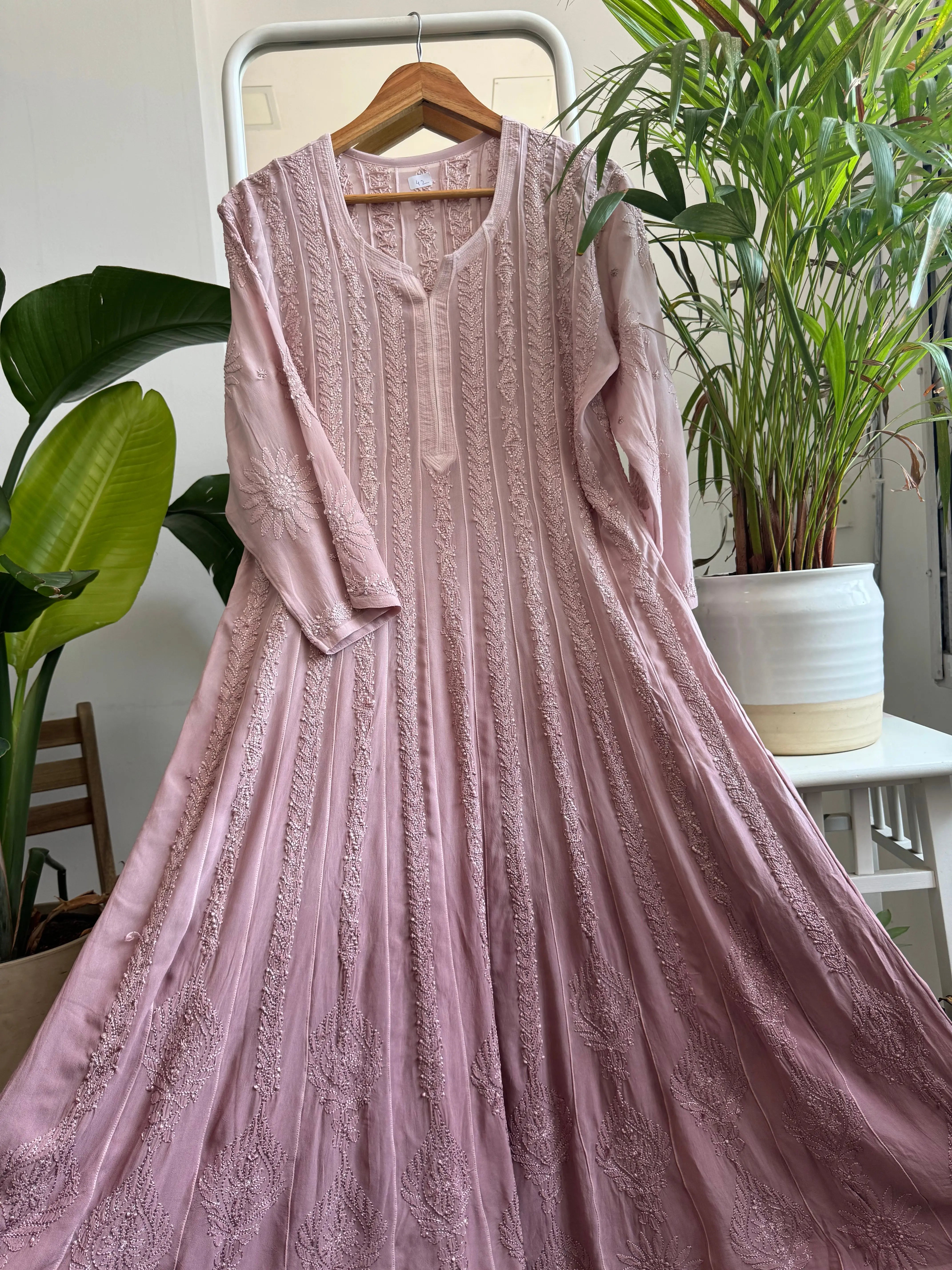 Viscose Chikankari Anarkali - Mauve - ARIAA CHIKANKARI