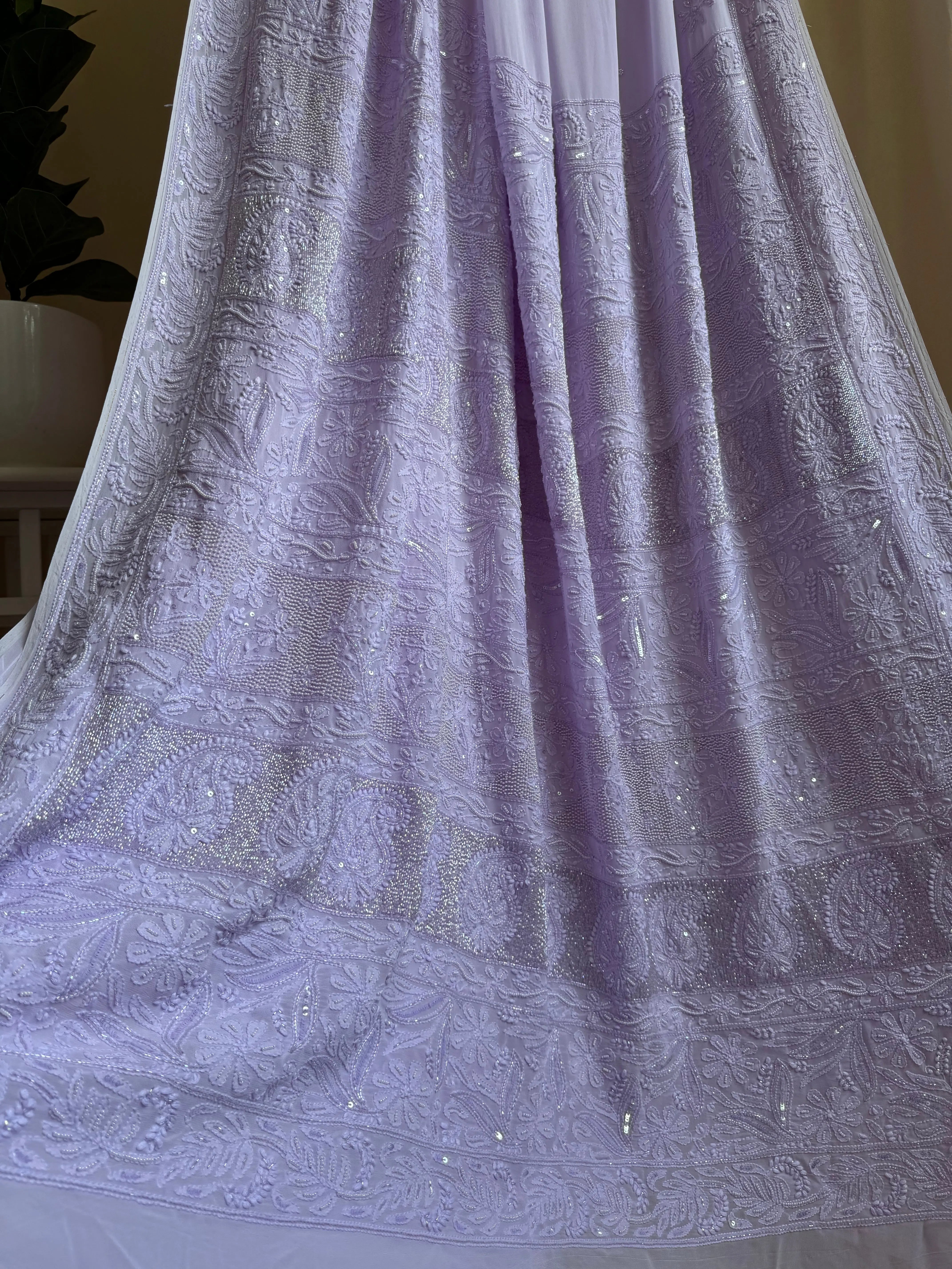 Lilac Chikankari saree with Pearl embellishments ARIAA CHIKANKARI 