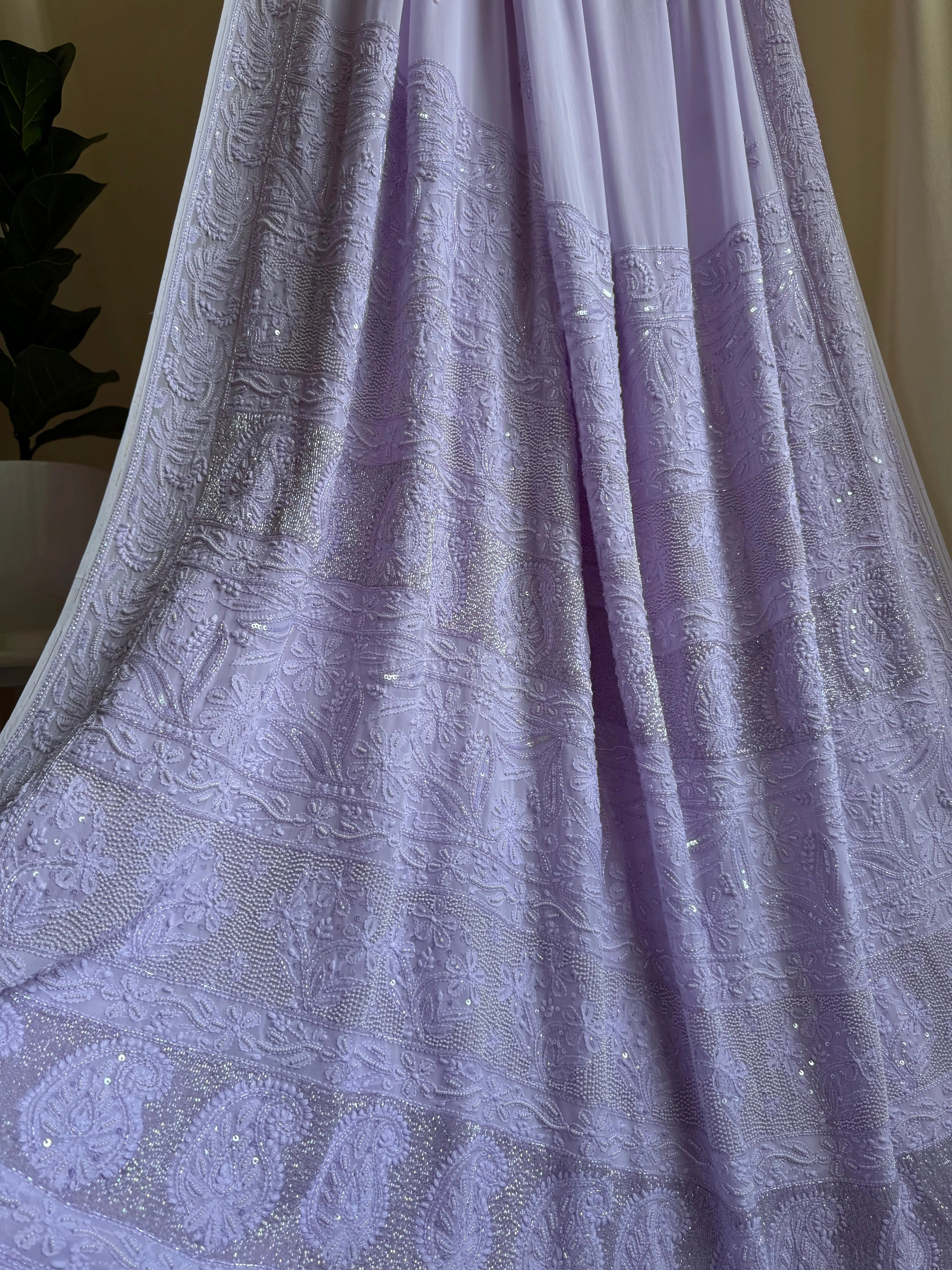 Lilac Chikankari saree with Pearl embellishments ARIAA CHIKANKARI 