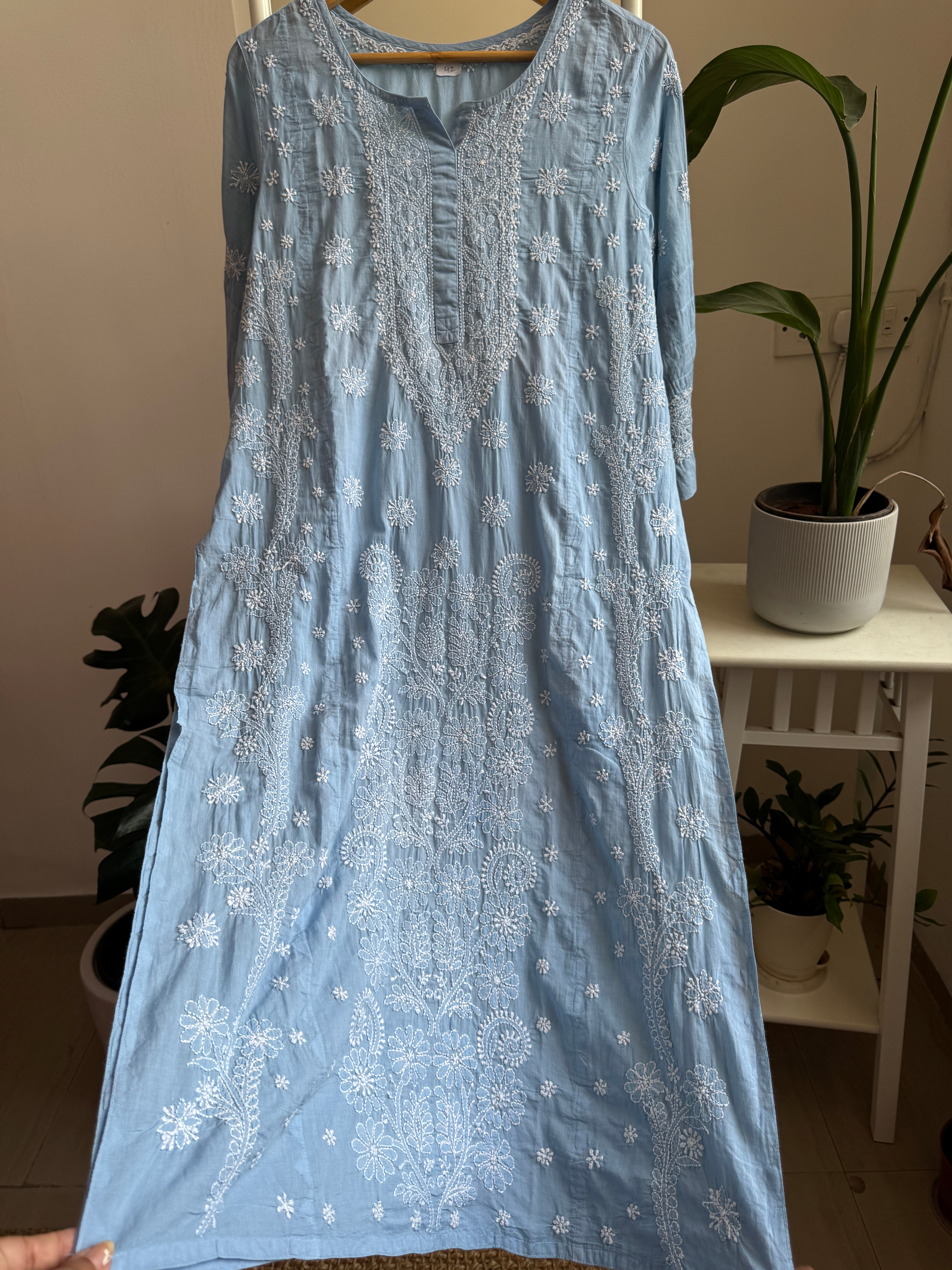 Mul Cotton Chikankari Kurti - Cool Blue