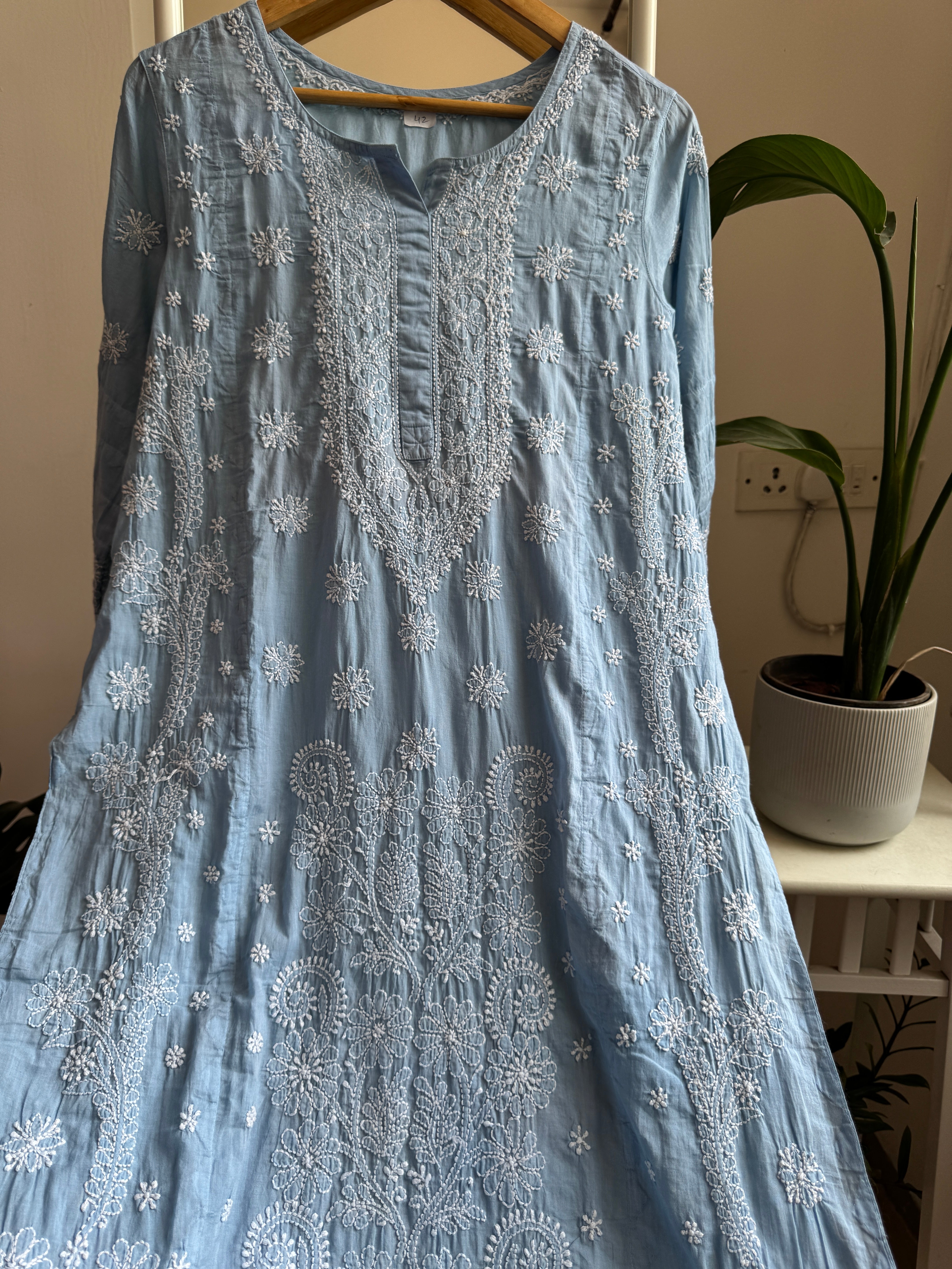 Mul Cotton Chikankari Kurti - Cool Blue