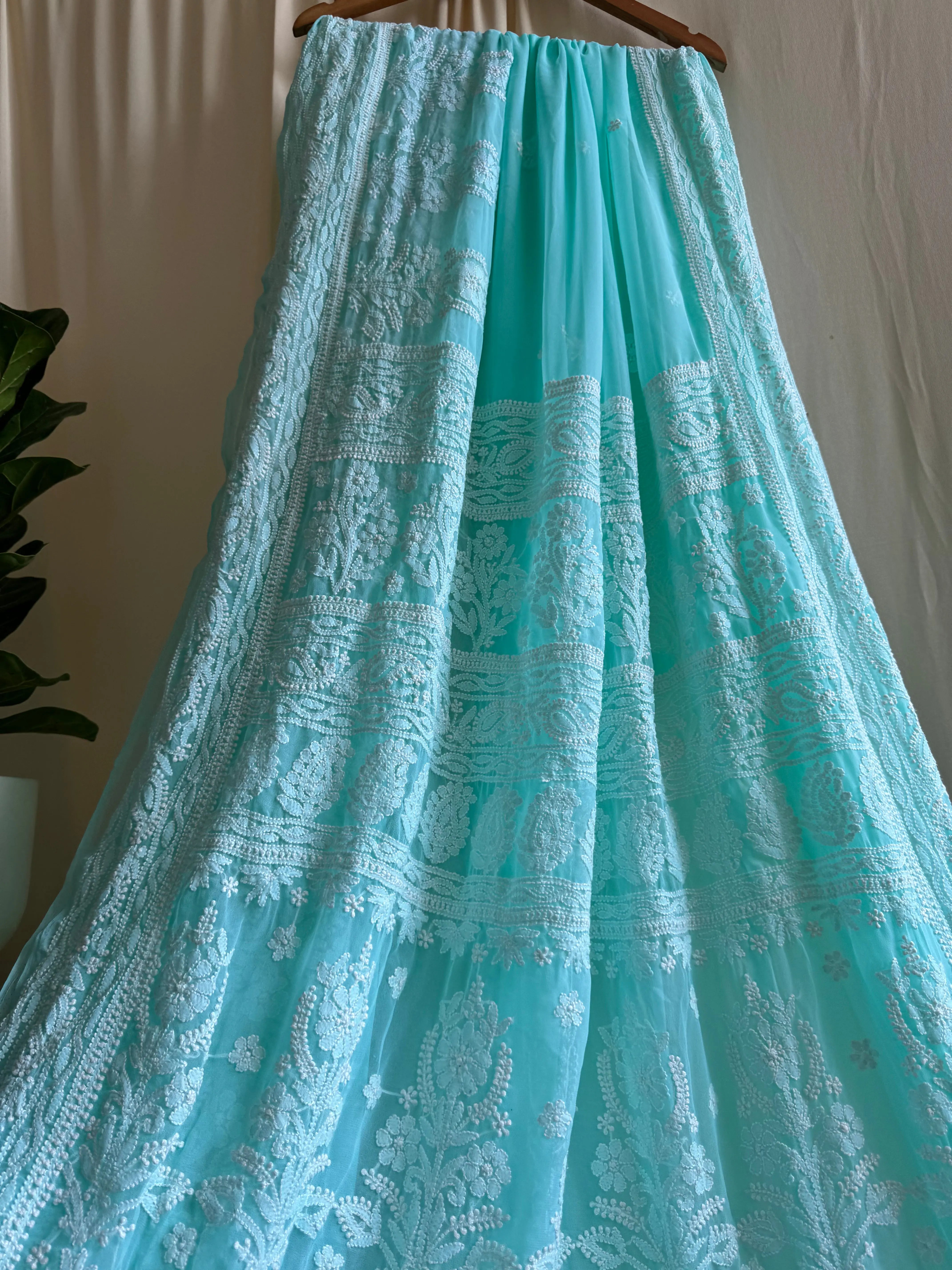 Georgette Chikankari saree in Sea Green ARIAA CHIKANKARI 