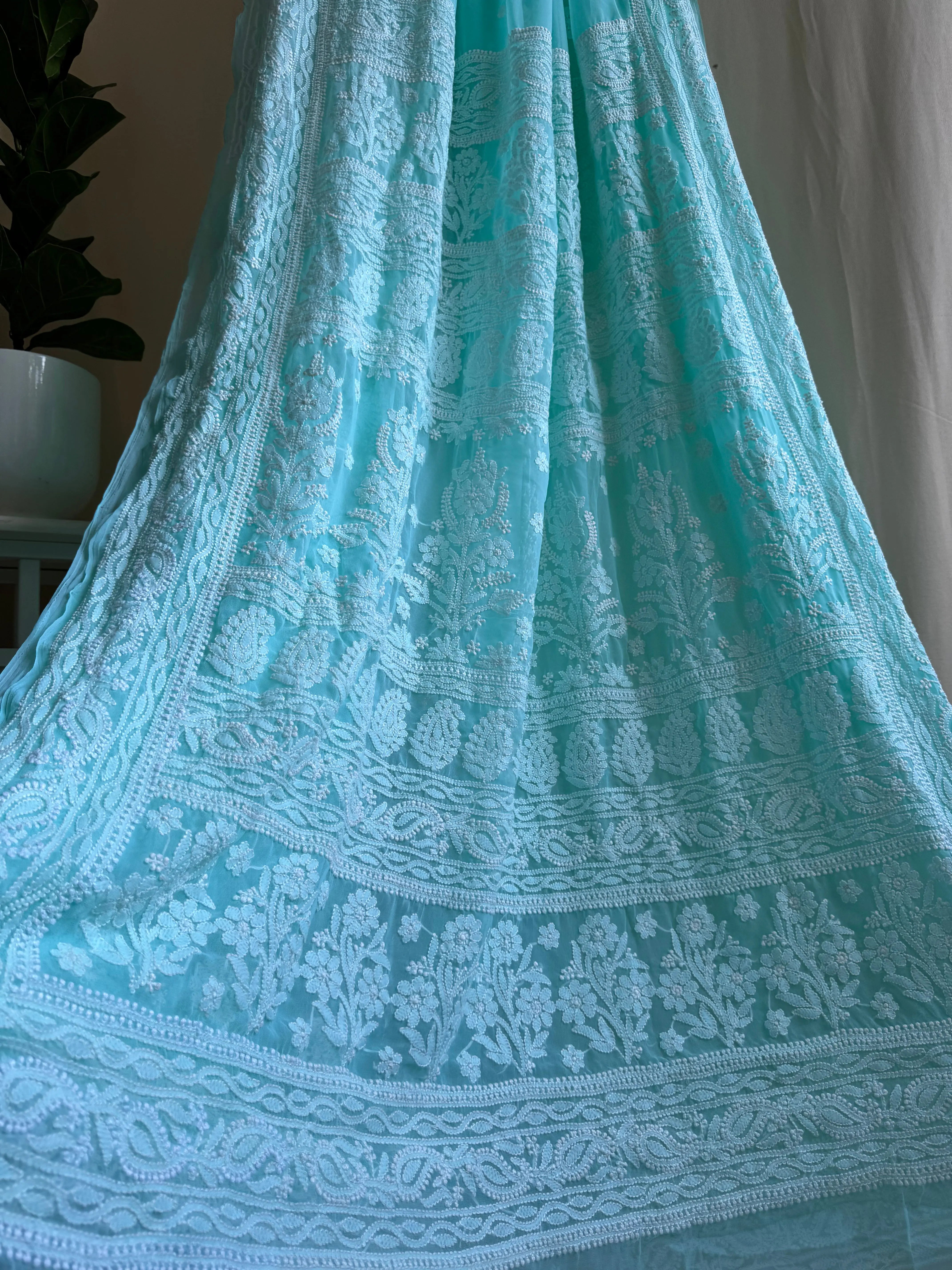 Georgette Chikankari saree in Sea Green ARIAA CHIKANKARI 