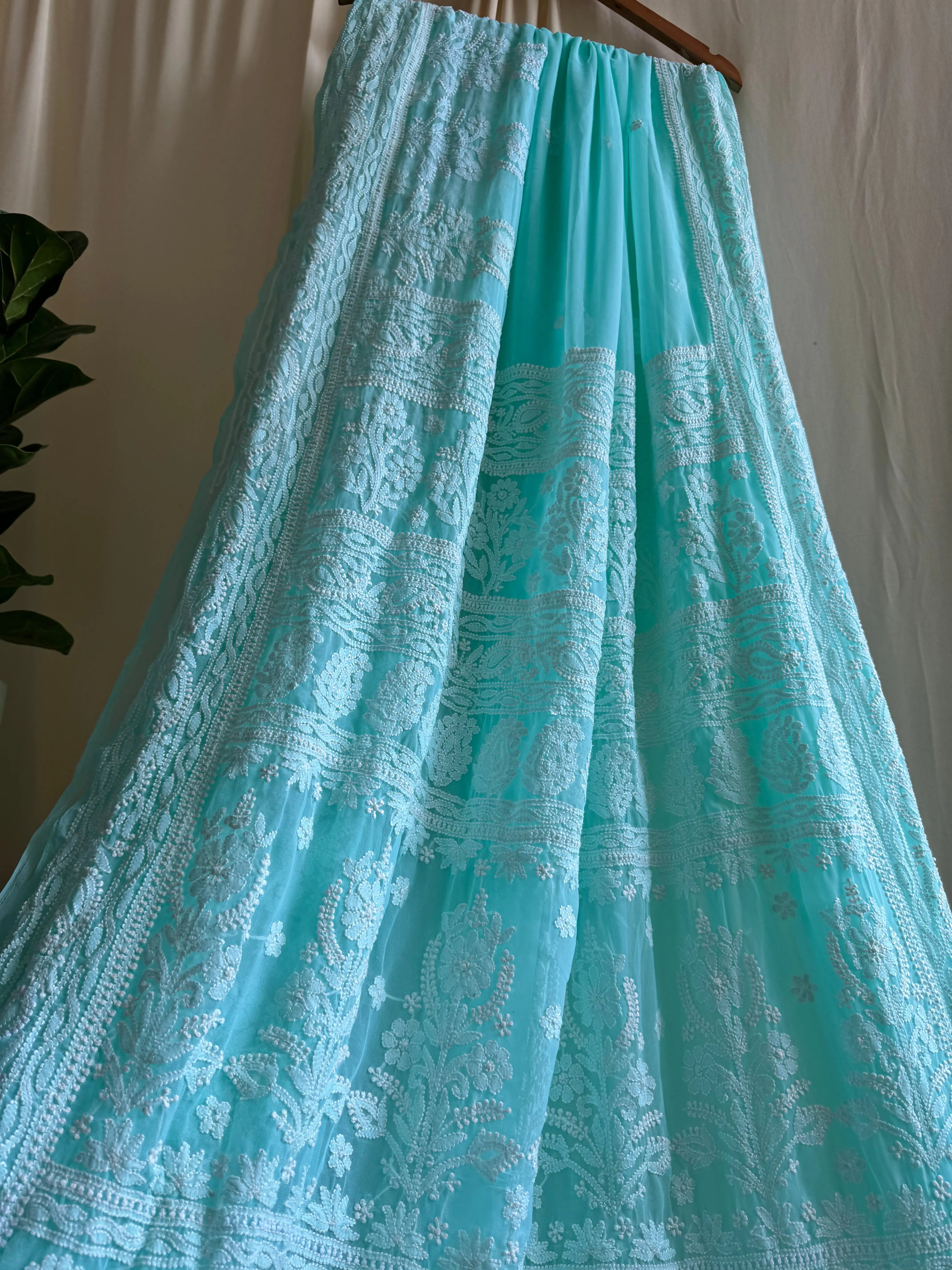 Georgette Chikankari saree in Sea Green ARIAA CHIKANKARI 