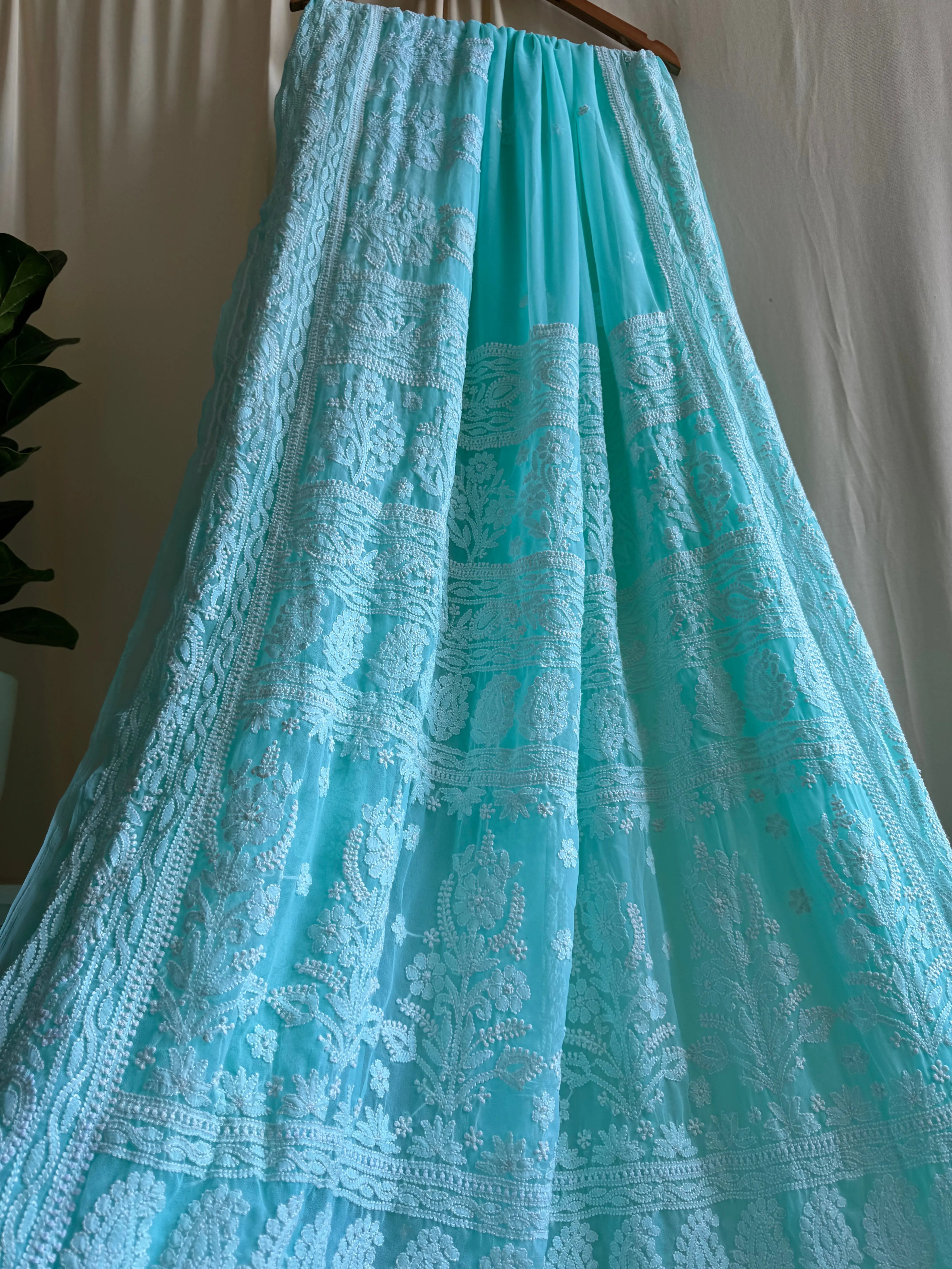 Georgette Chikankari saree in Sea Green ARIAA CHIKANKARI 