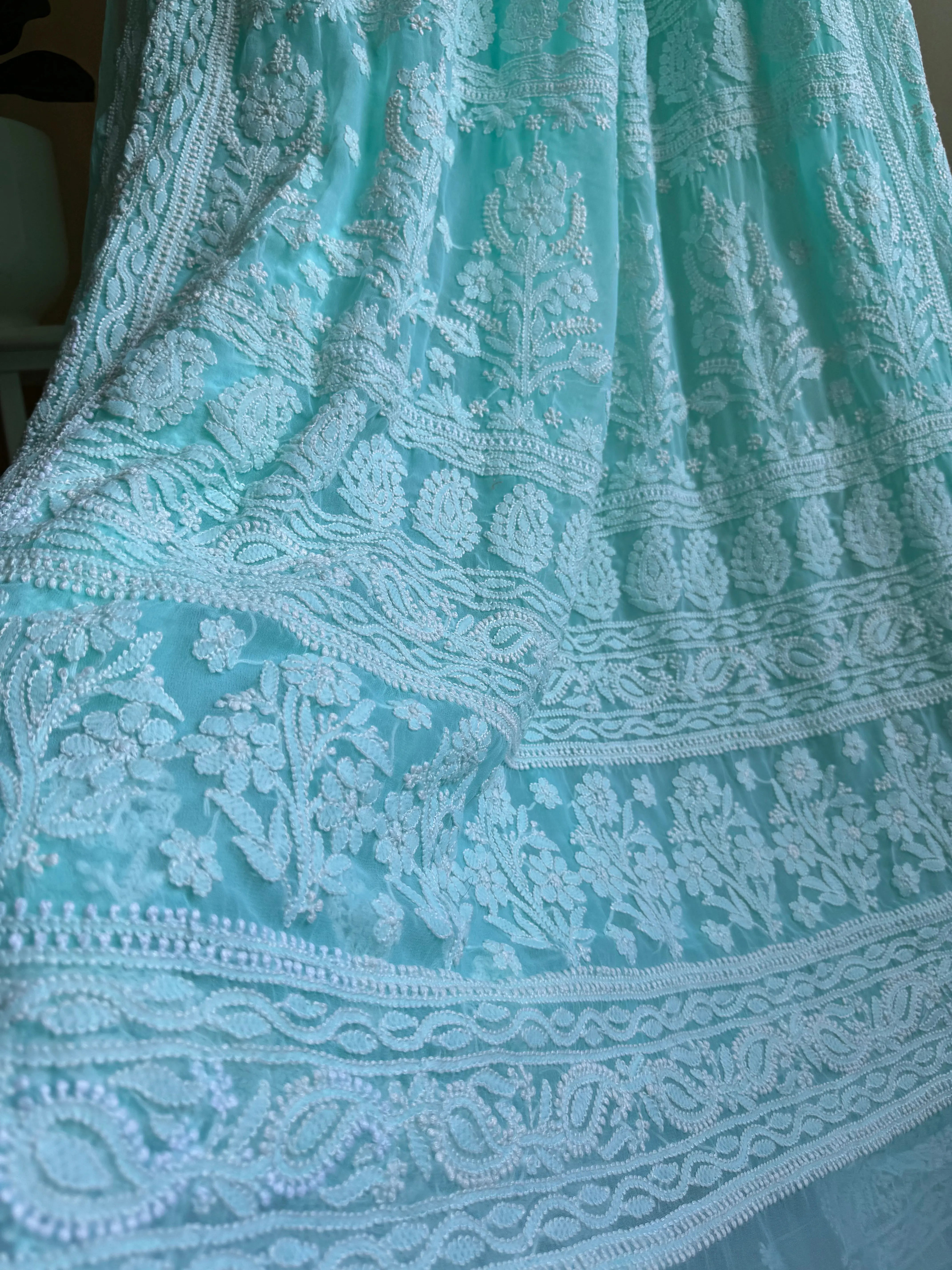 Georgette Chikankari saree in Sea Green ARIAA CHIKANKARI 