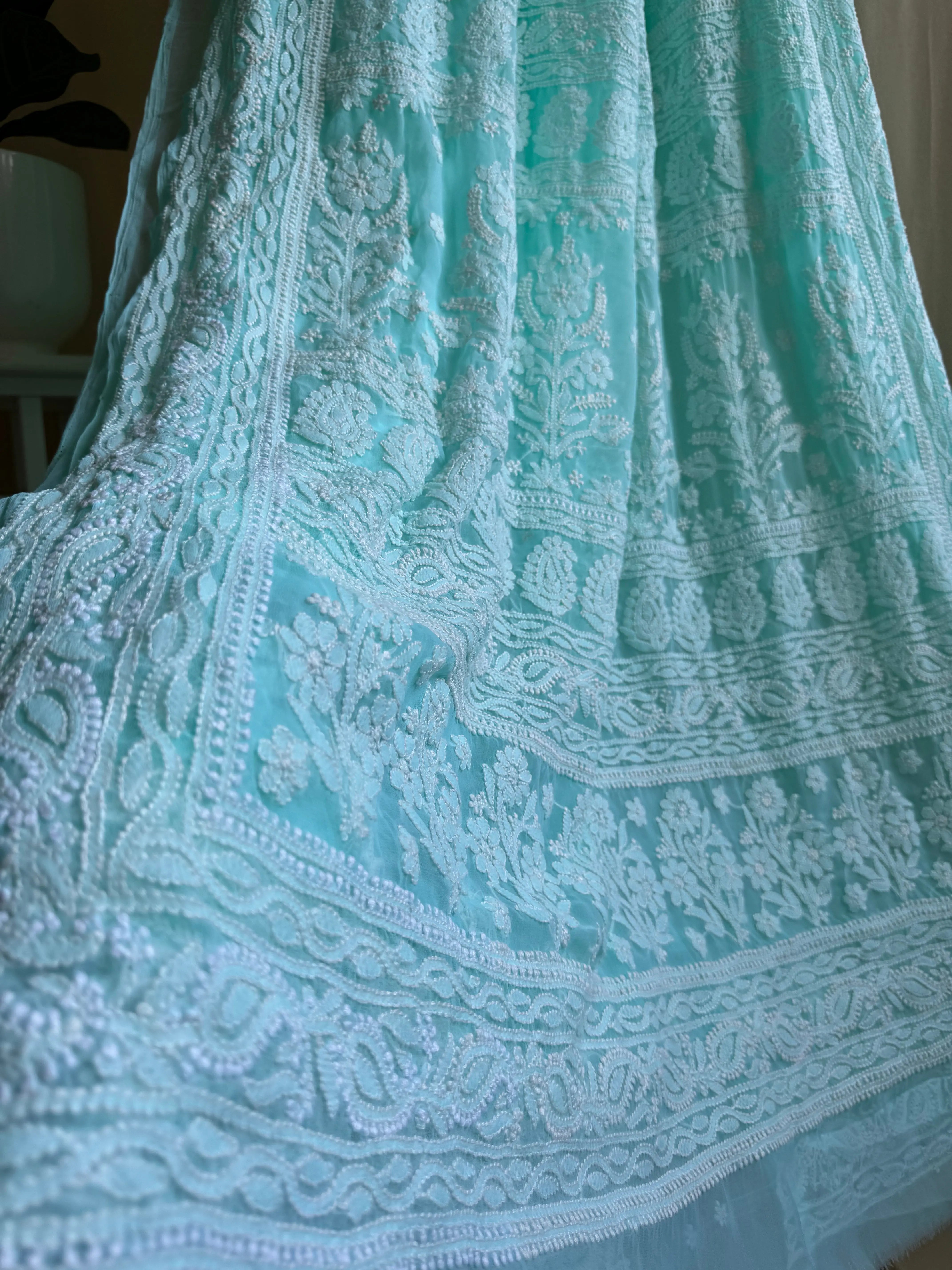 Georgette Chikankari saree in Sea Green ARIAA CHIKANKARI 