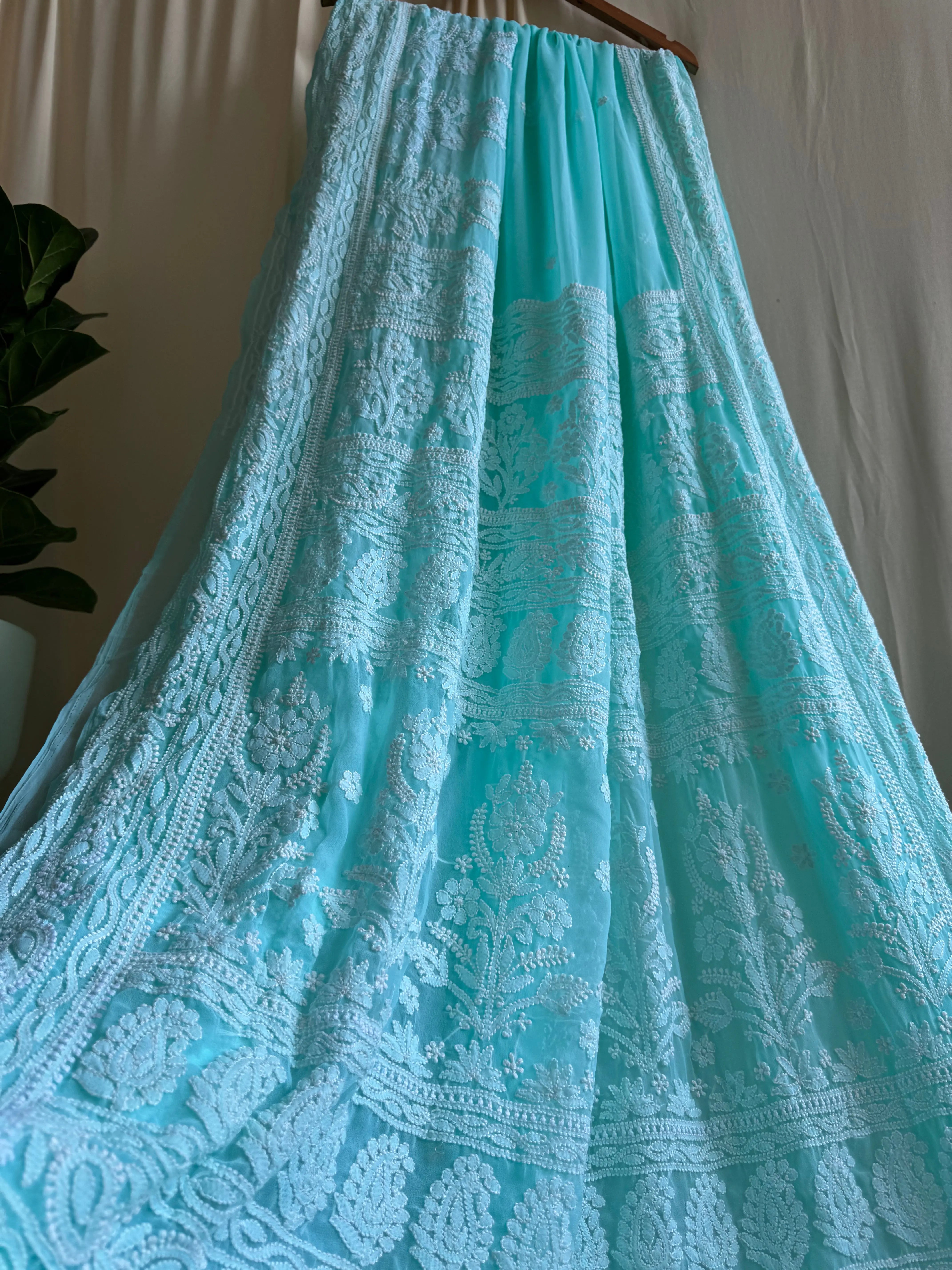 Georgette Chikankari saree in Sea Green ARIAA CHIKANKARI 