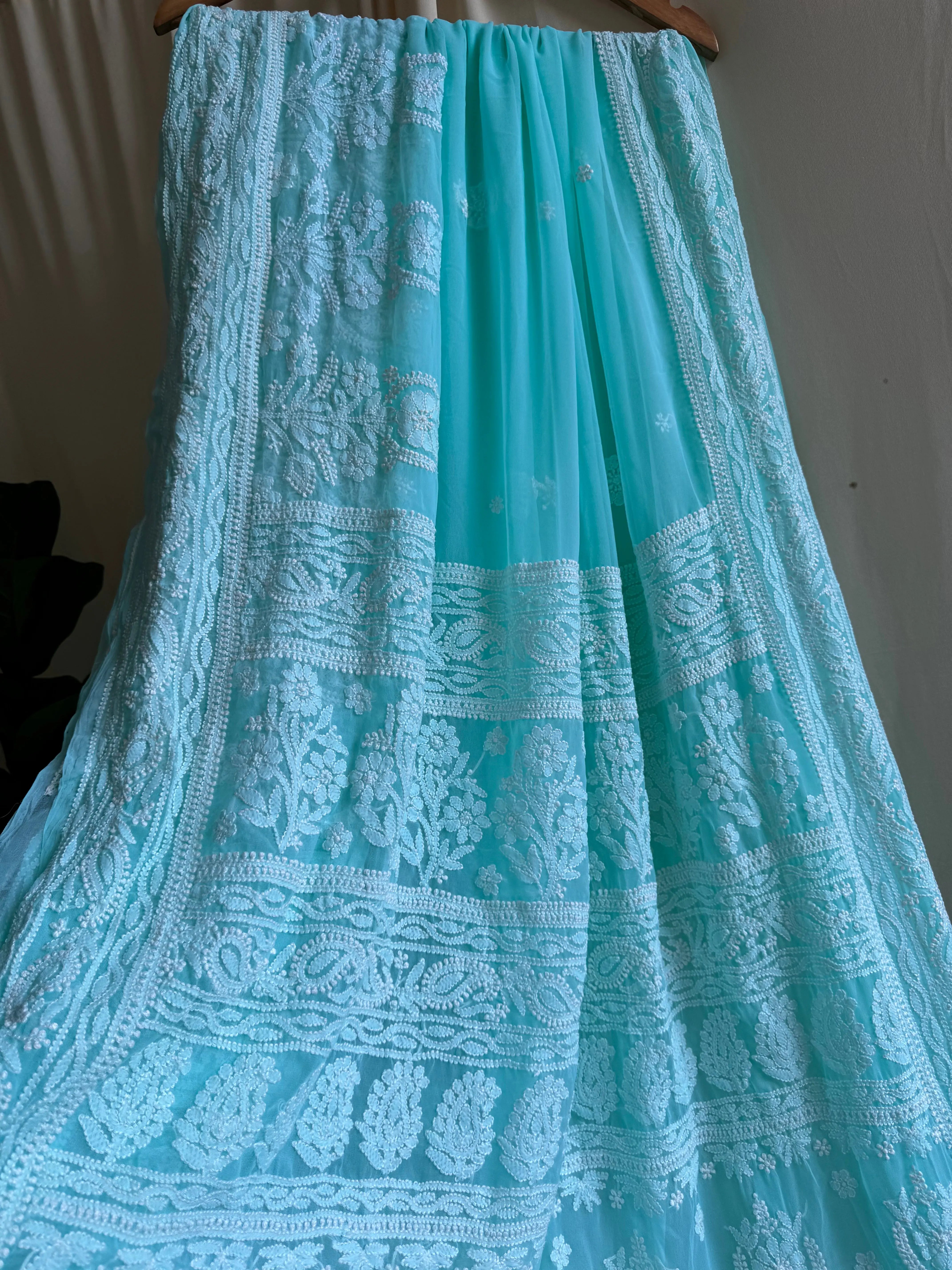 Georgette Chikankari saree in Sea Green ARIAA CHIKANKARI 