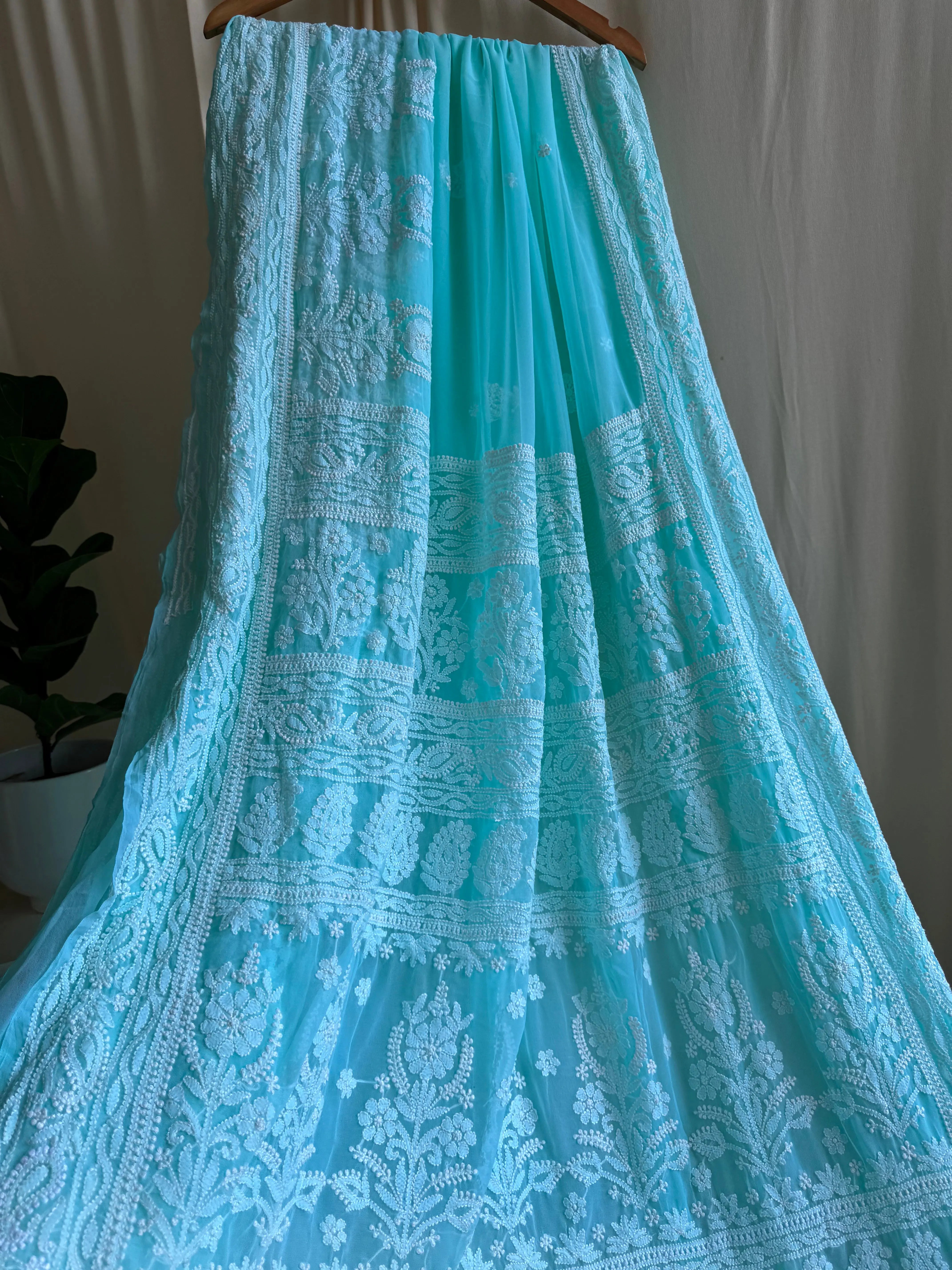 Georgette Chikankari saree in Sea Green ARIAA CHIKANKARI 