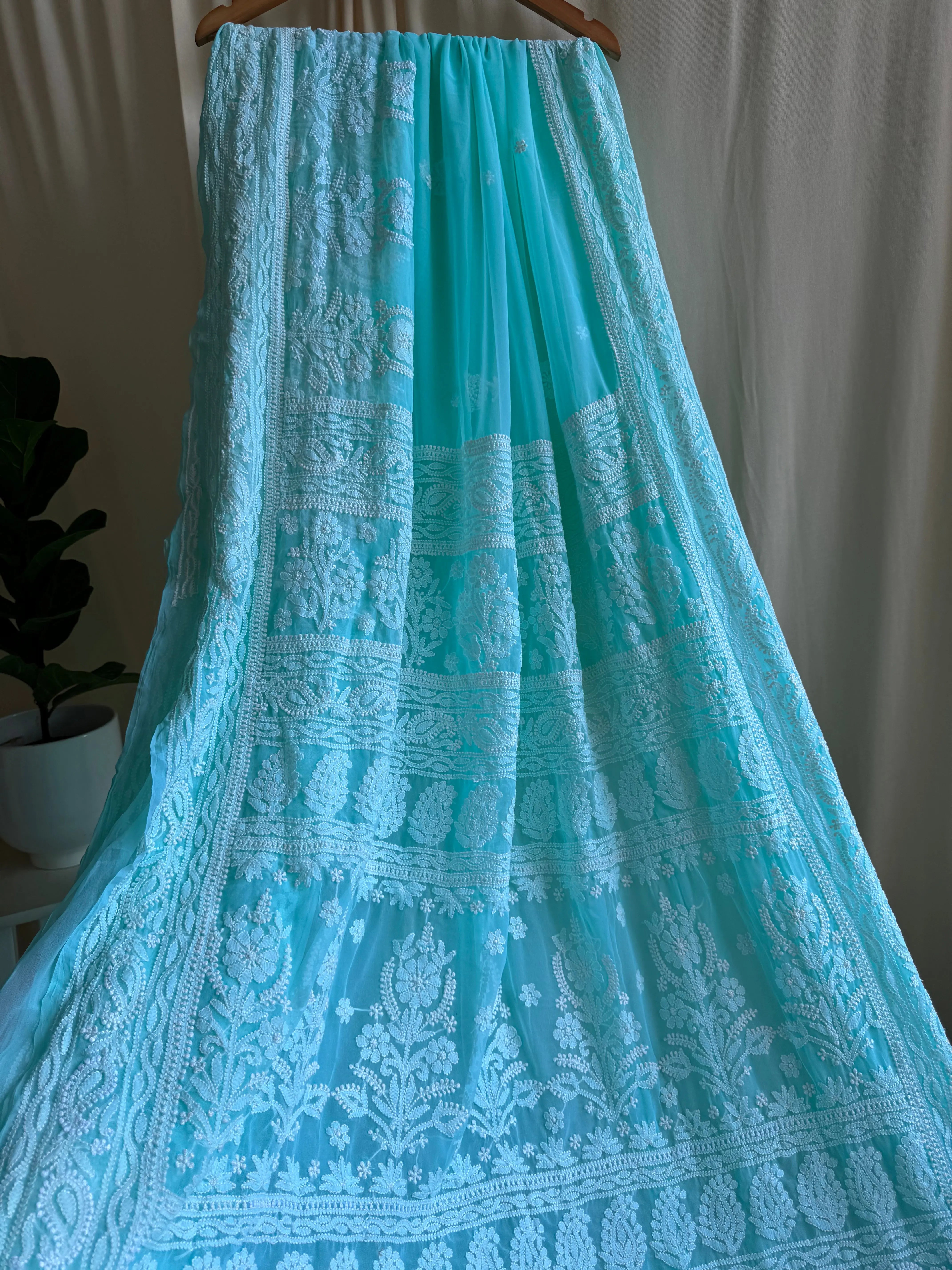 Georgette Chikankari saree in Sea Green ARIAA CHIKANKARI 