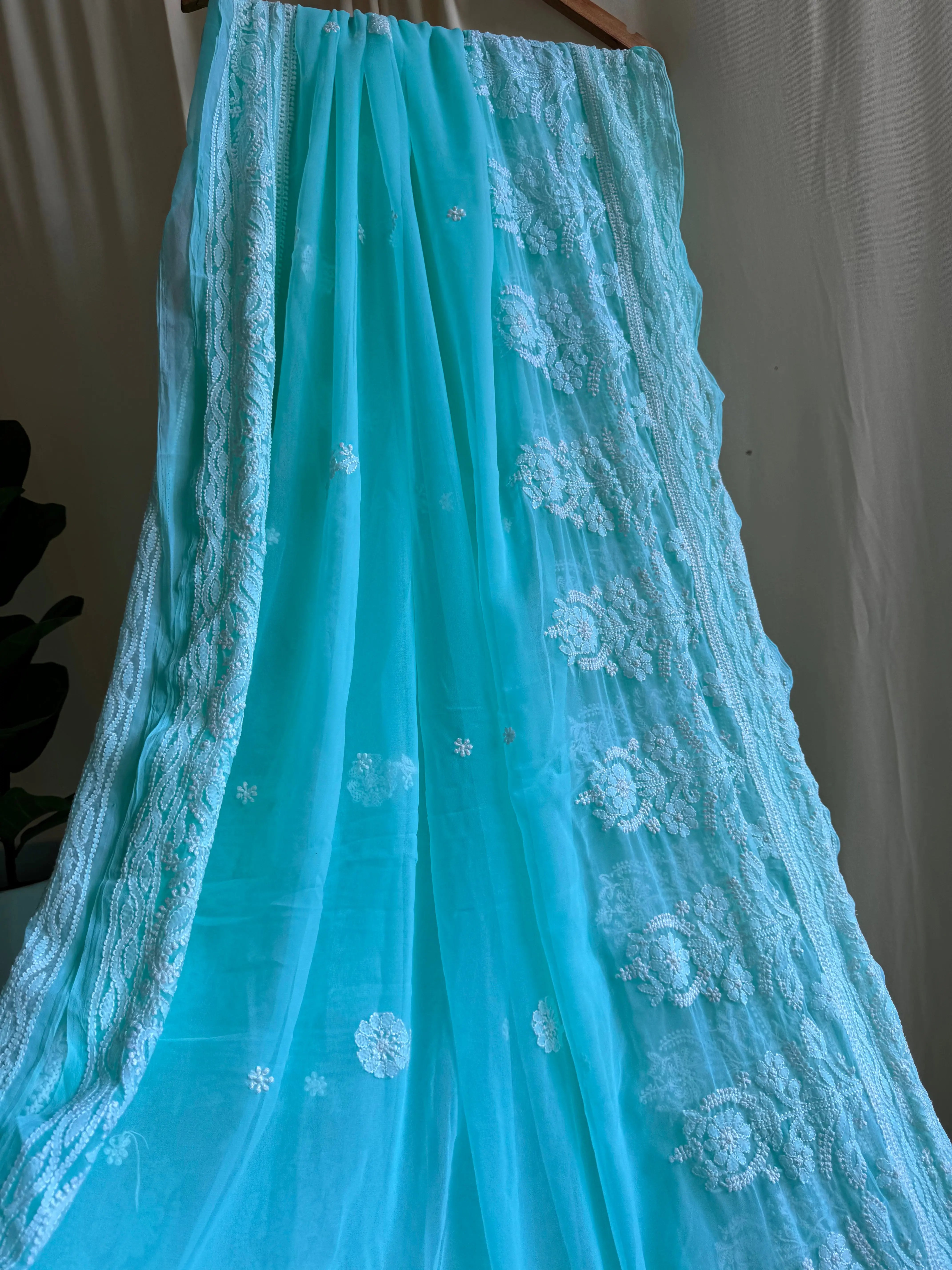 Georgette Chikankari saree in Sea Green ARIAA CHIKANKARI 