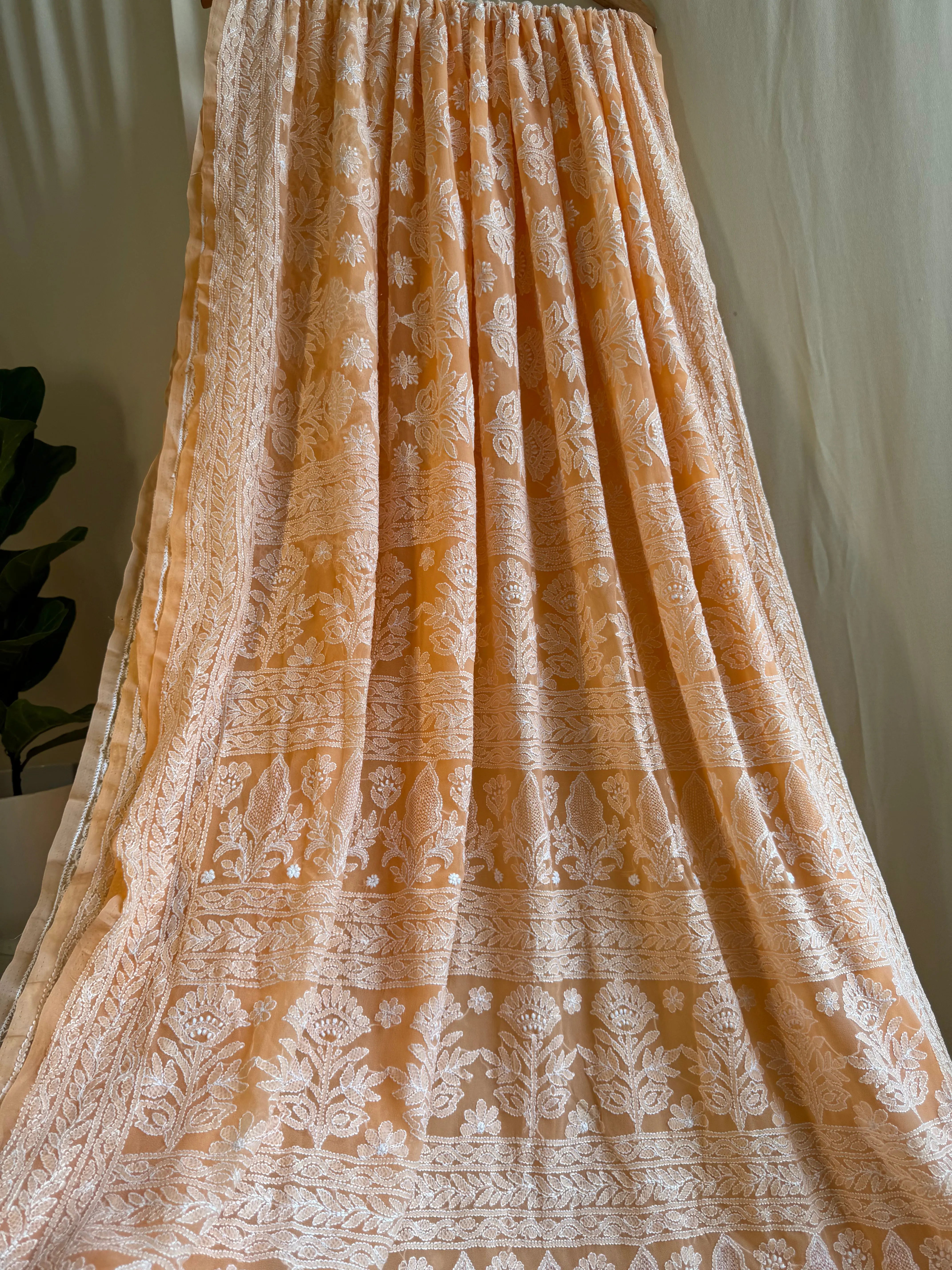 Georgette Chikankari saree in Sunset Orange ARIAA CHIKANKARI 