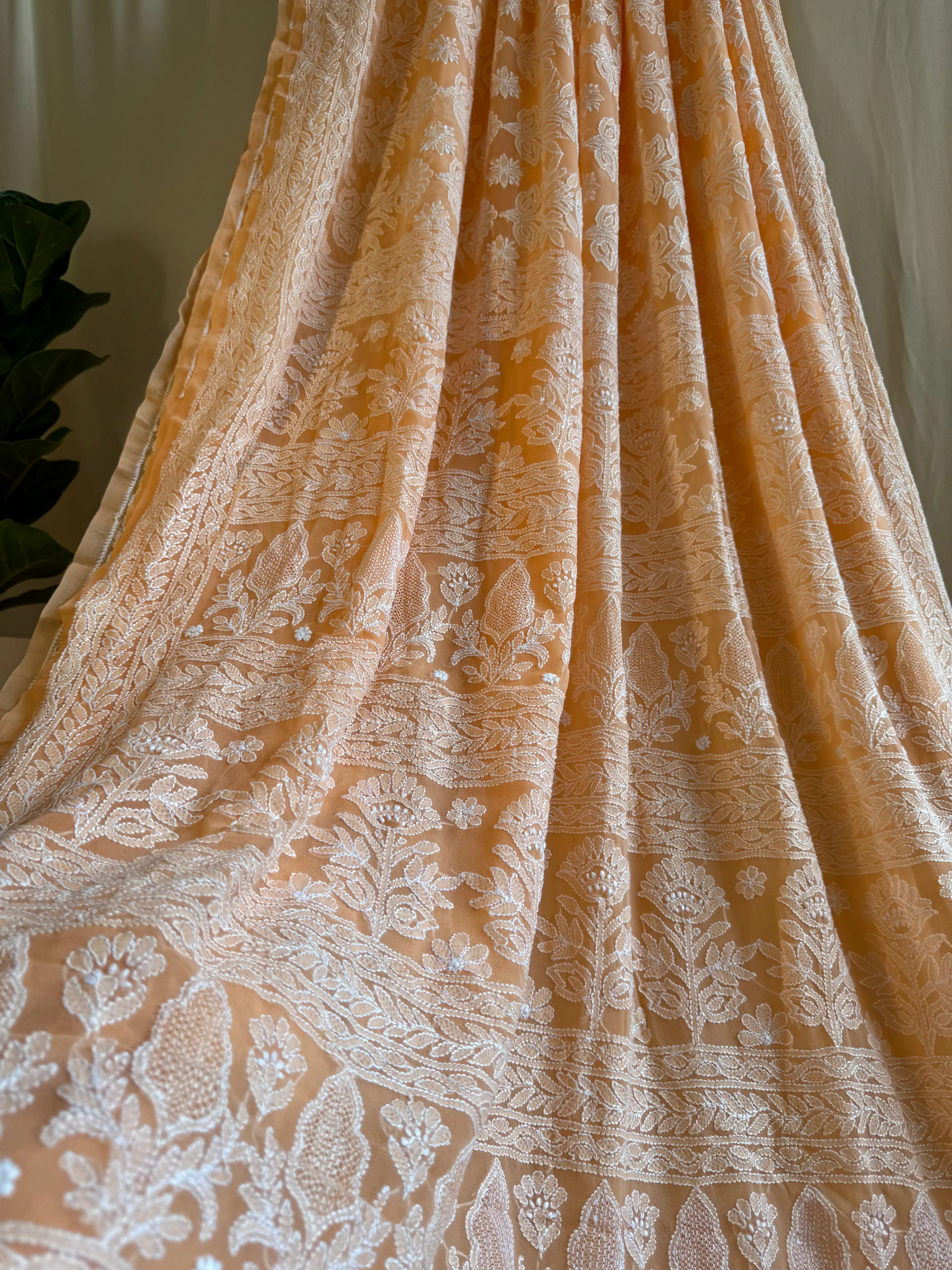 Georgette Chikankari saree in Sunset Orange ARIAA CHIKANKARI 